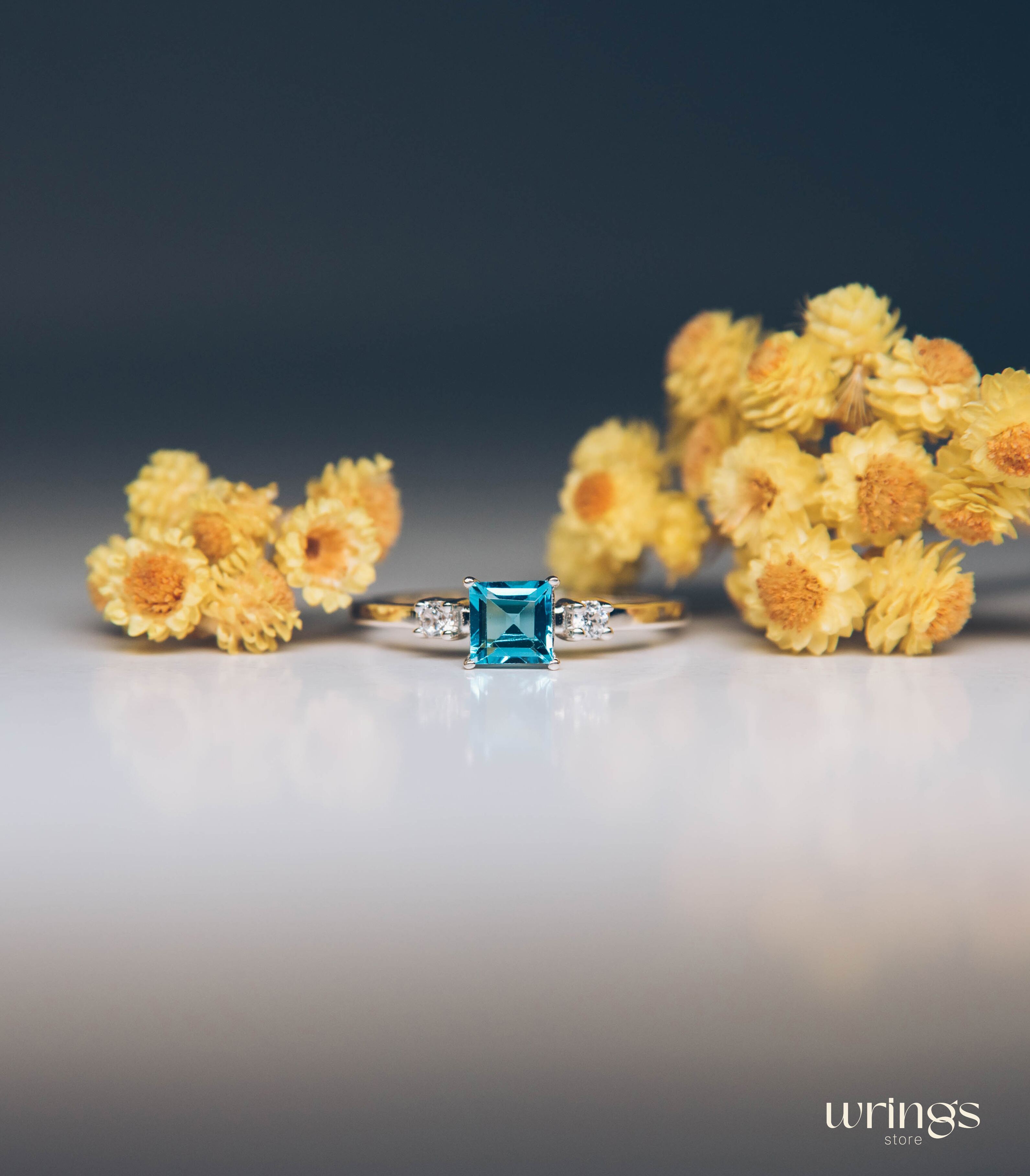 Square Swiss Topaz 3 Stone Engagement Ring Silver