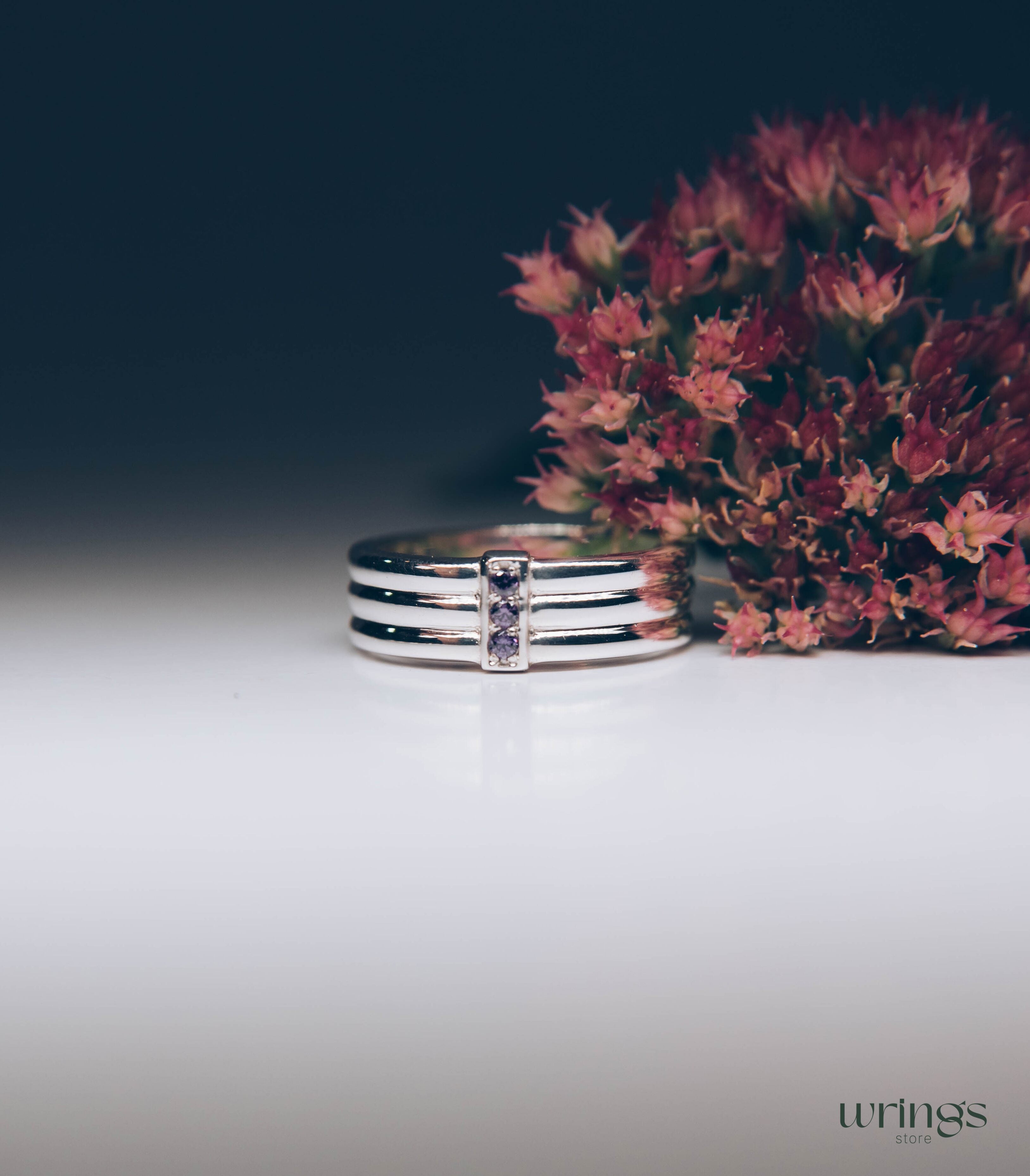 Three Amethysts Straight Triple Ring in Sterling Silver