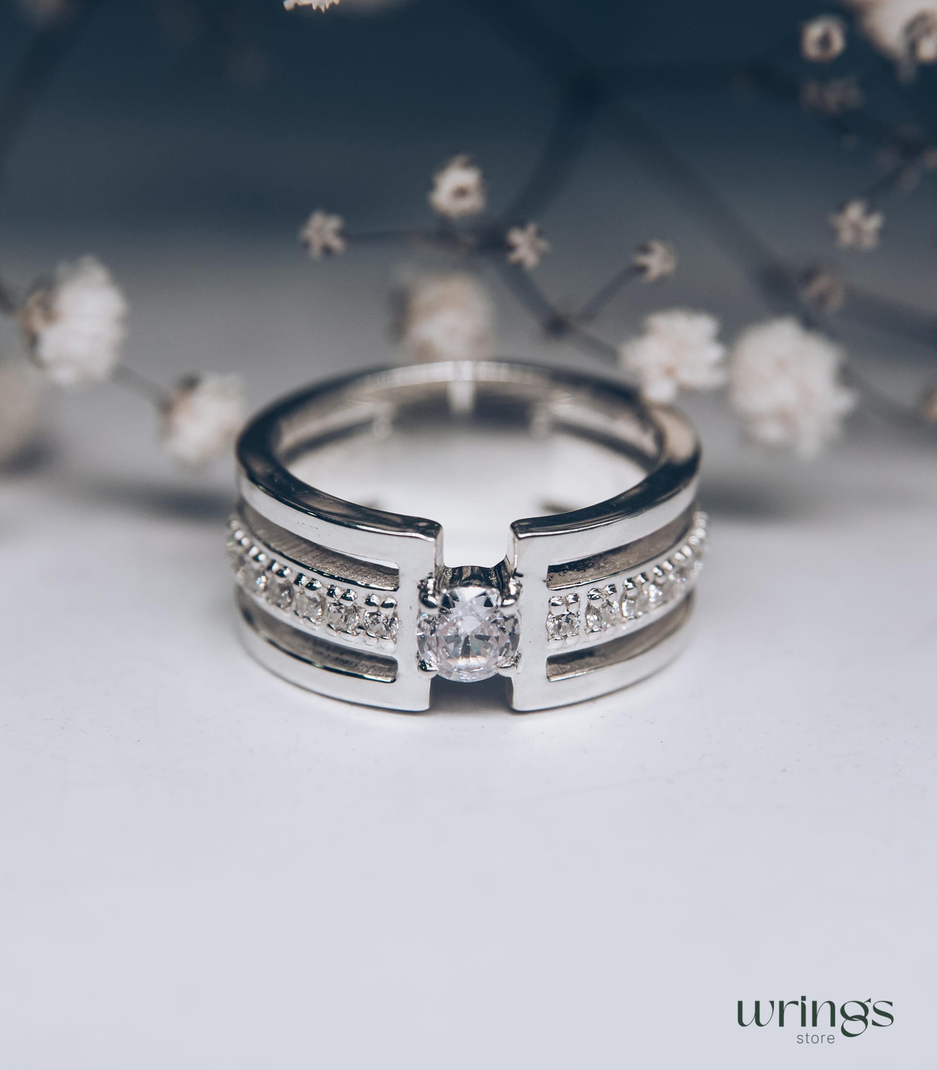 Extra Wide Silver Statement Ring CZ and Side Stones