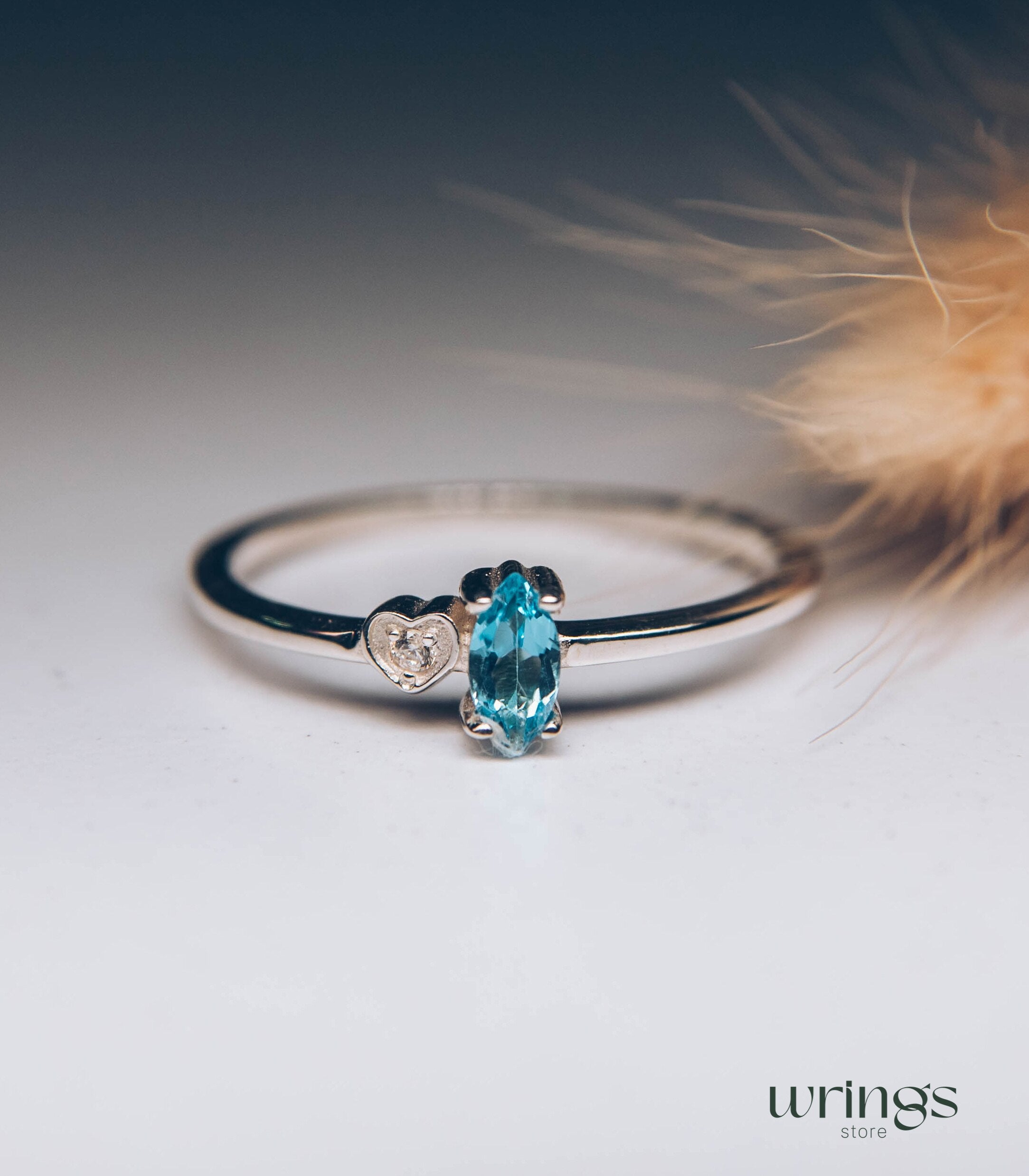 Marquise Blue Topaz Silver Ring & White Stone in Side Heart