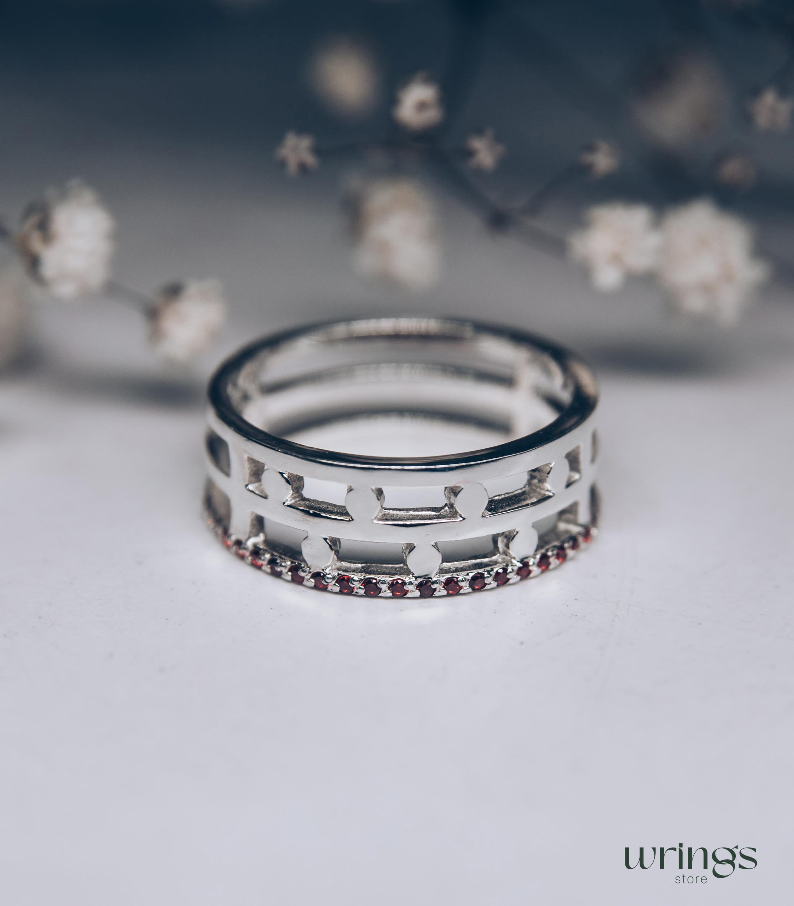 Silver Wedding Band Garnets and Dots Modern Style