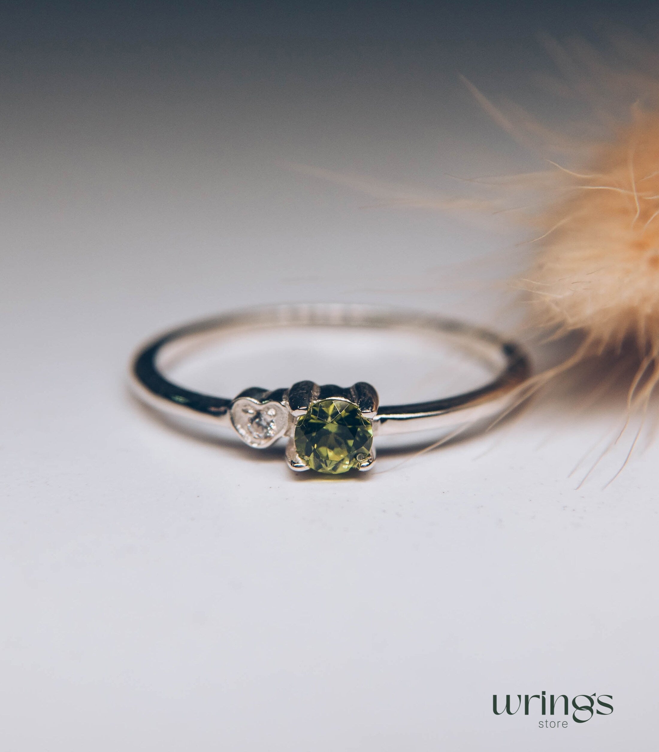 Round Peridot Silver Ring & White Stone in Side Heart