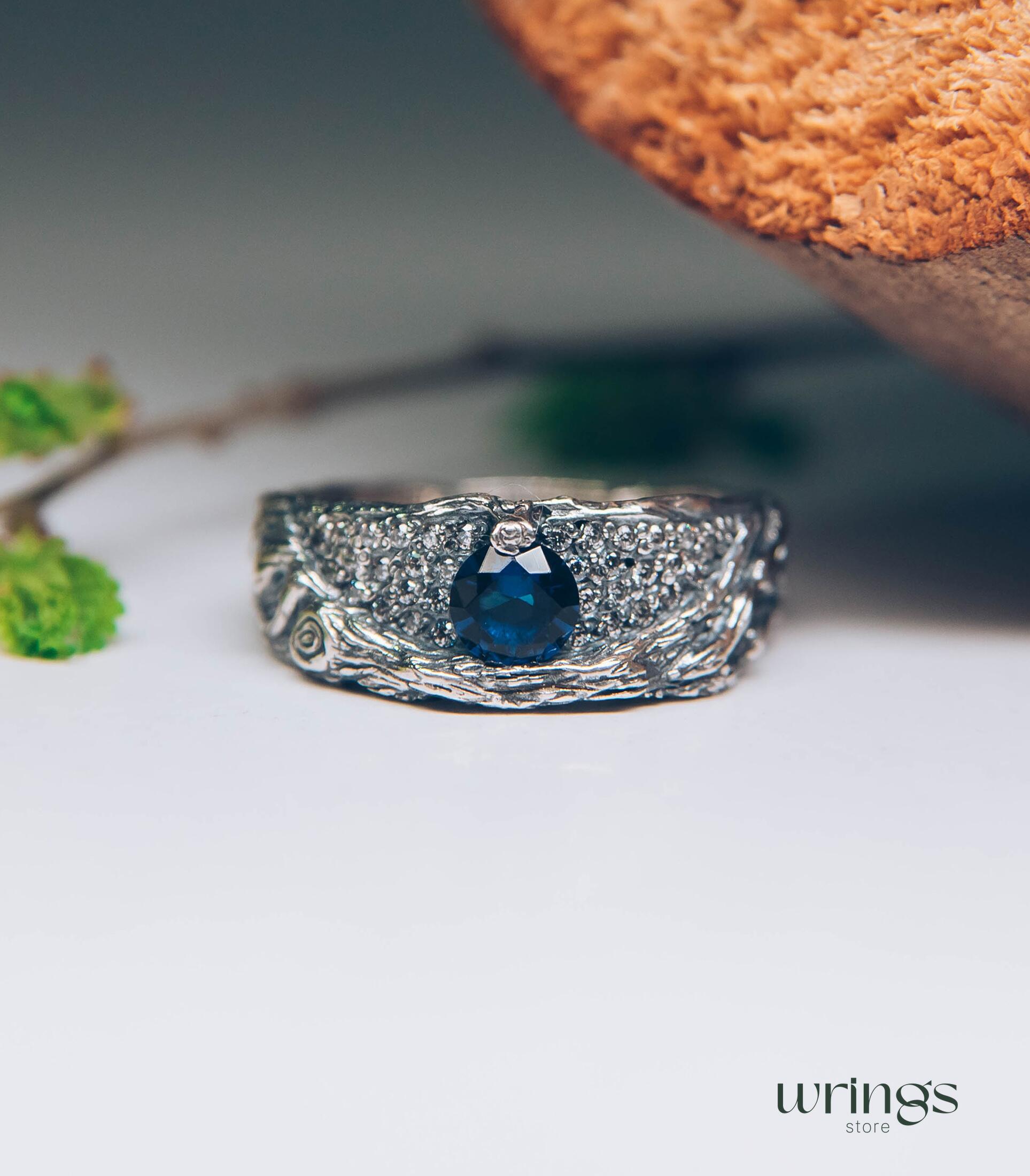 Chunky Silver Branch & Sapphire Ring adorned with CZ Accents