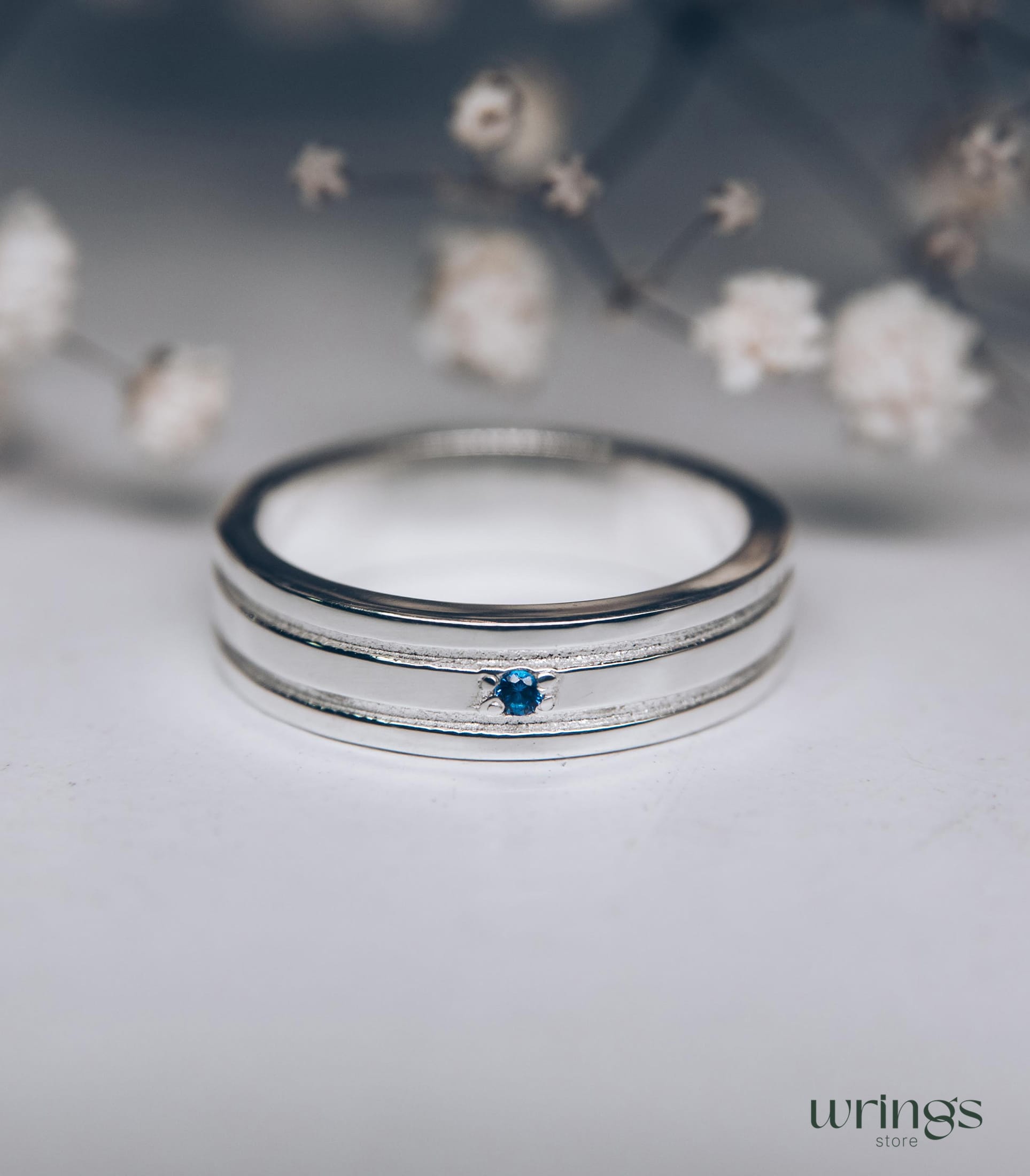 Womens Engraved Silver Wedding Band with Sapphire