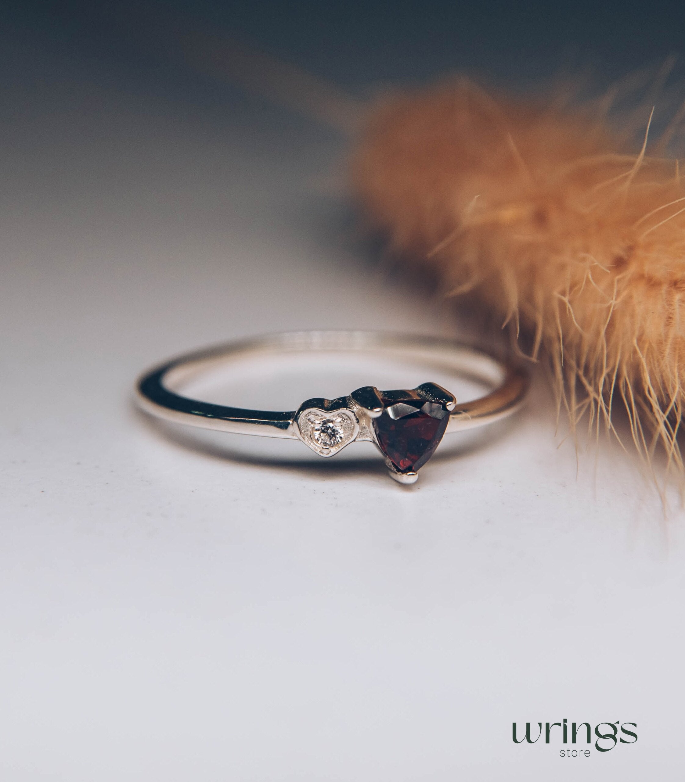 Small Trillion Garnet Ring & CZ Stone in Side Heart