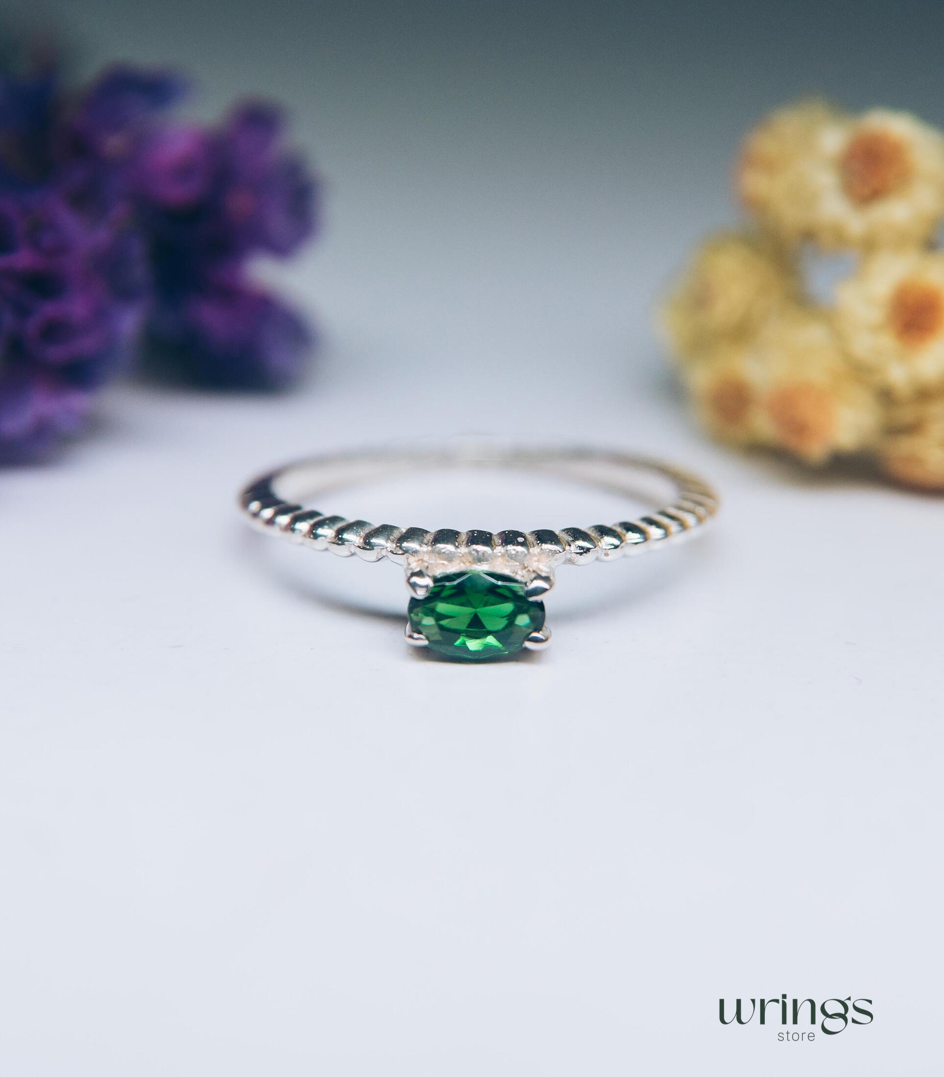 Thin Silver Beaded Engagement Ring with Green Tourmaline