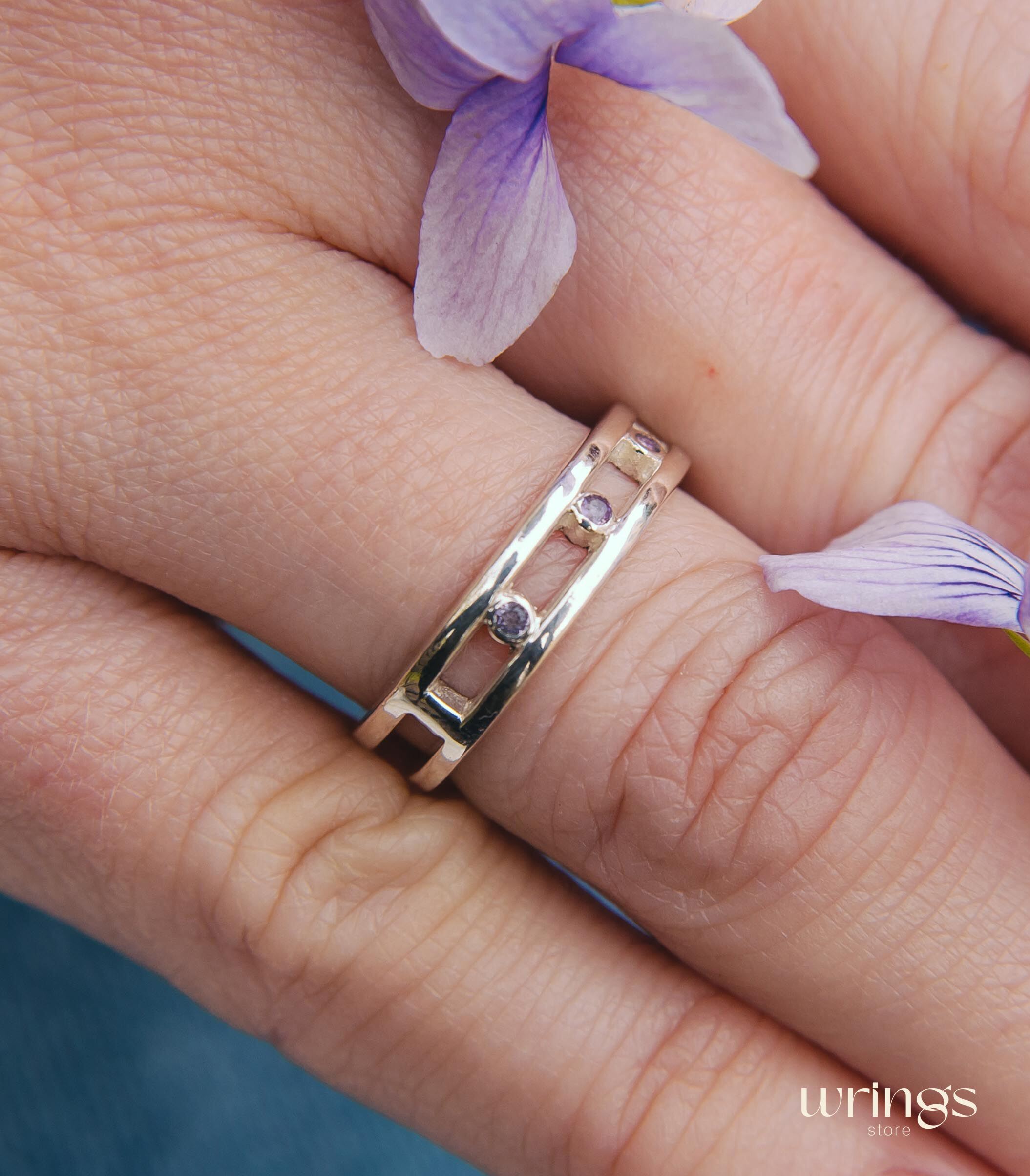 Open Sterling Silver Ring Multi Stone Amethysts Bezel