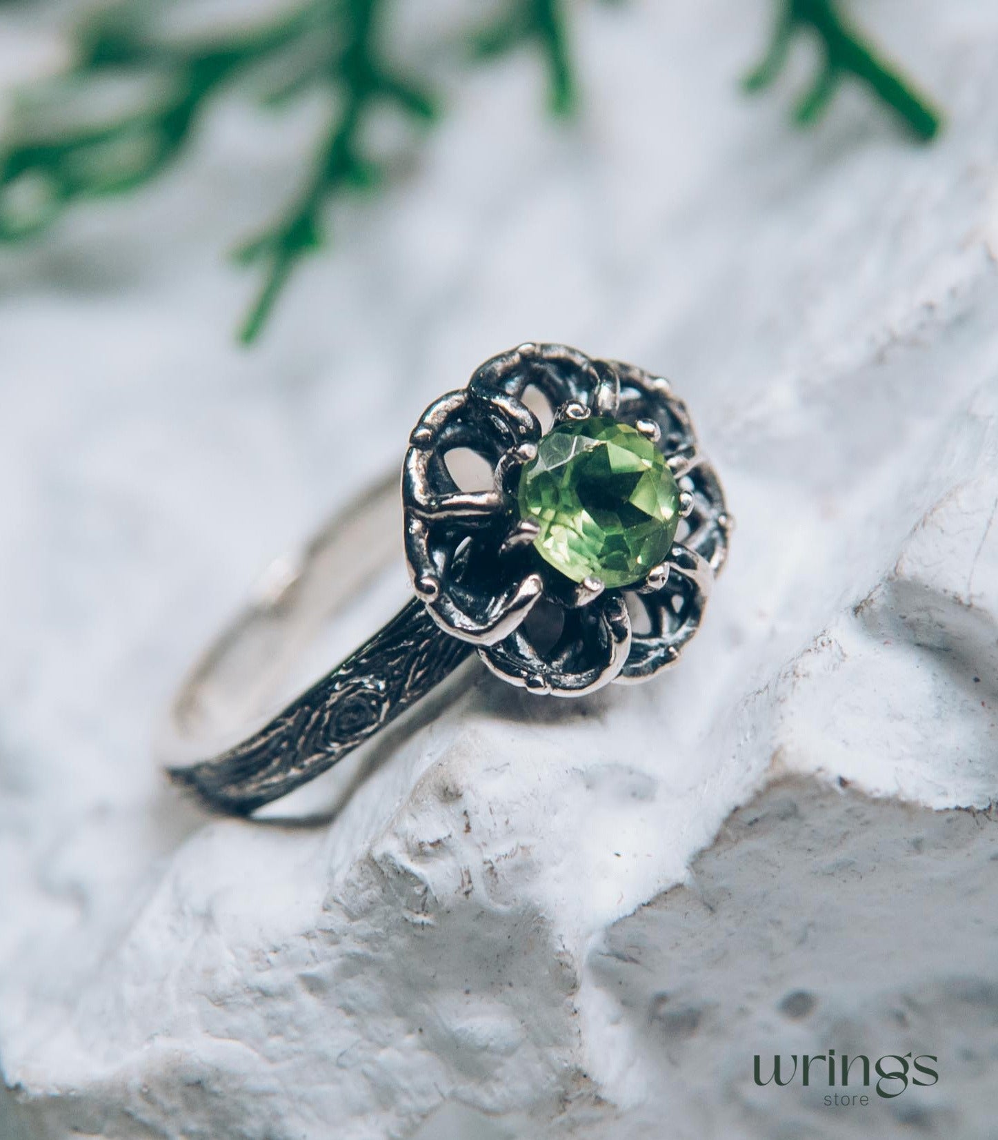 Silver Branch and Peridot Flower Engagement Ring for Women