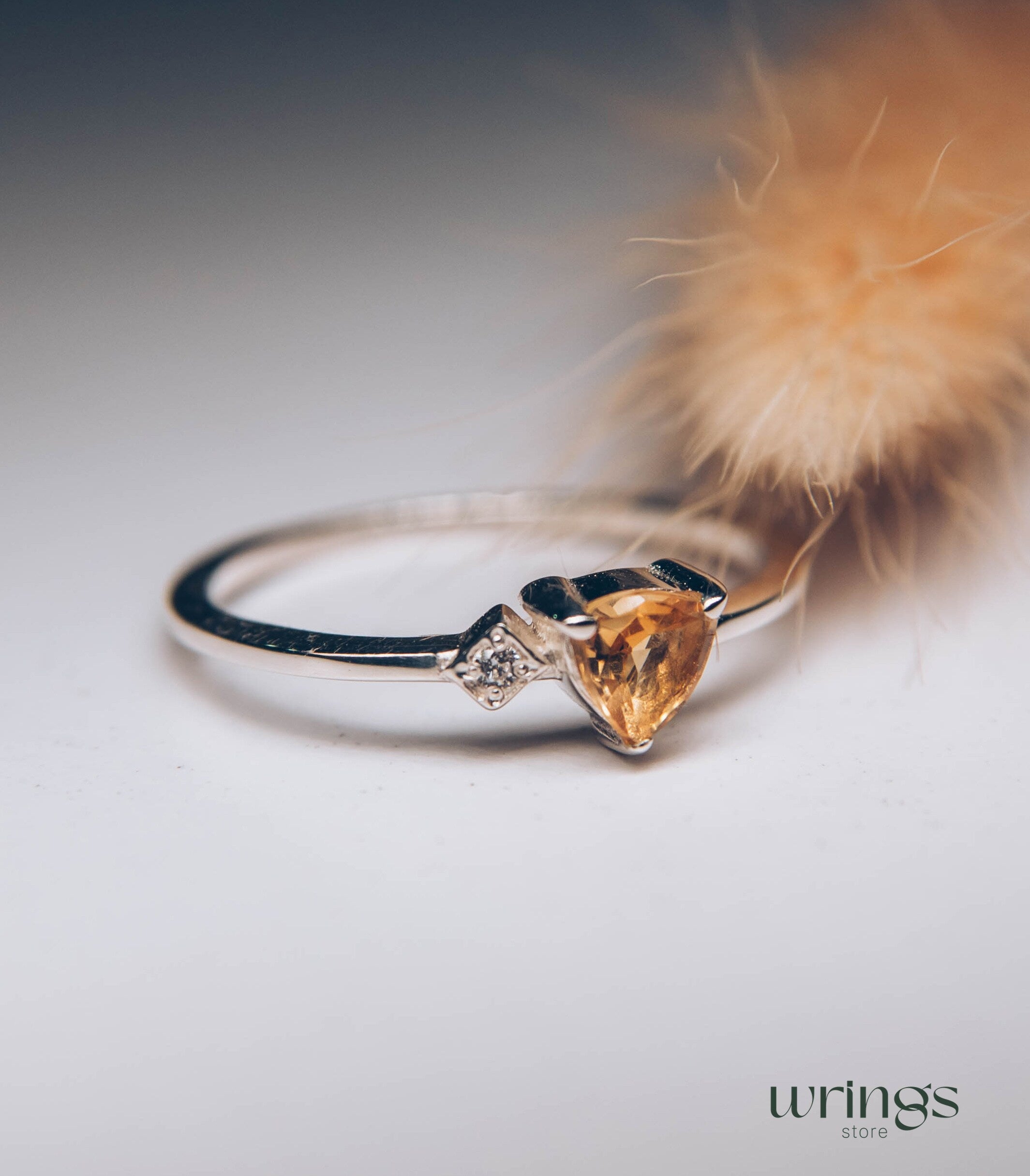 Trilliant Citrine Silver Ring & White CZ Side Stone