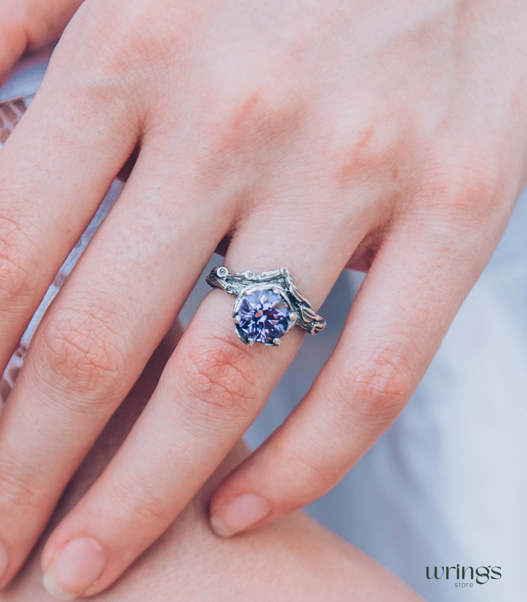 Big Amethyst Chevron Statement Ring & Leaves on a Silver Branch
