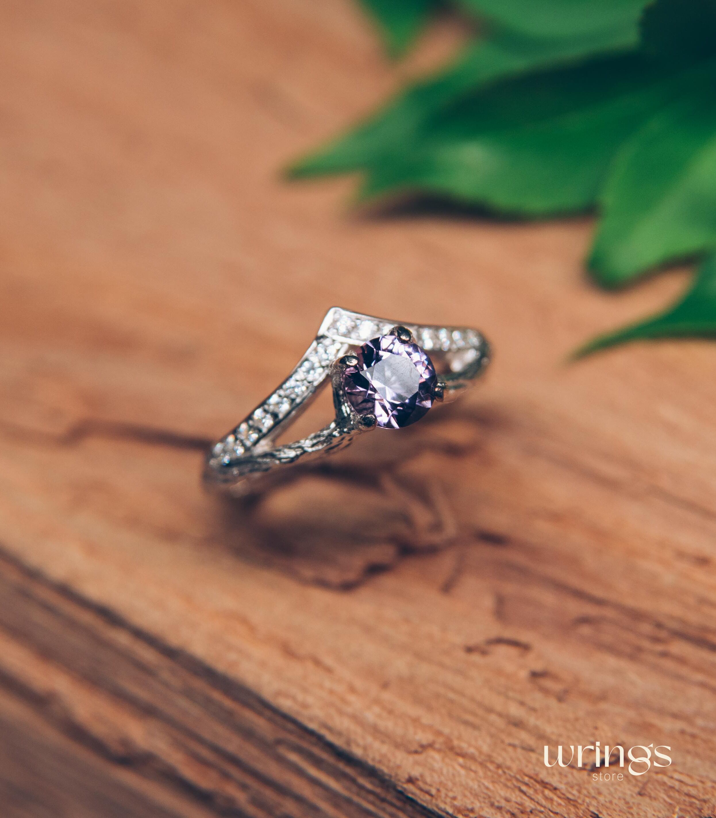 Amethyst & CZ Silver Branch Chevron Engagement Ring