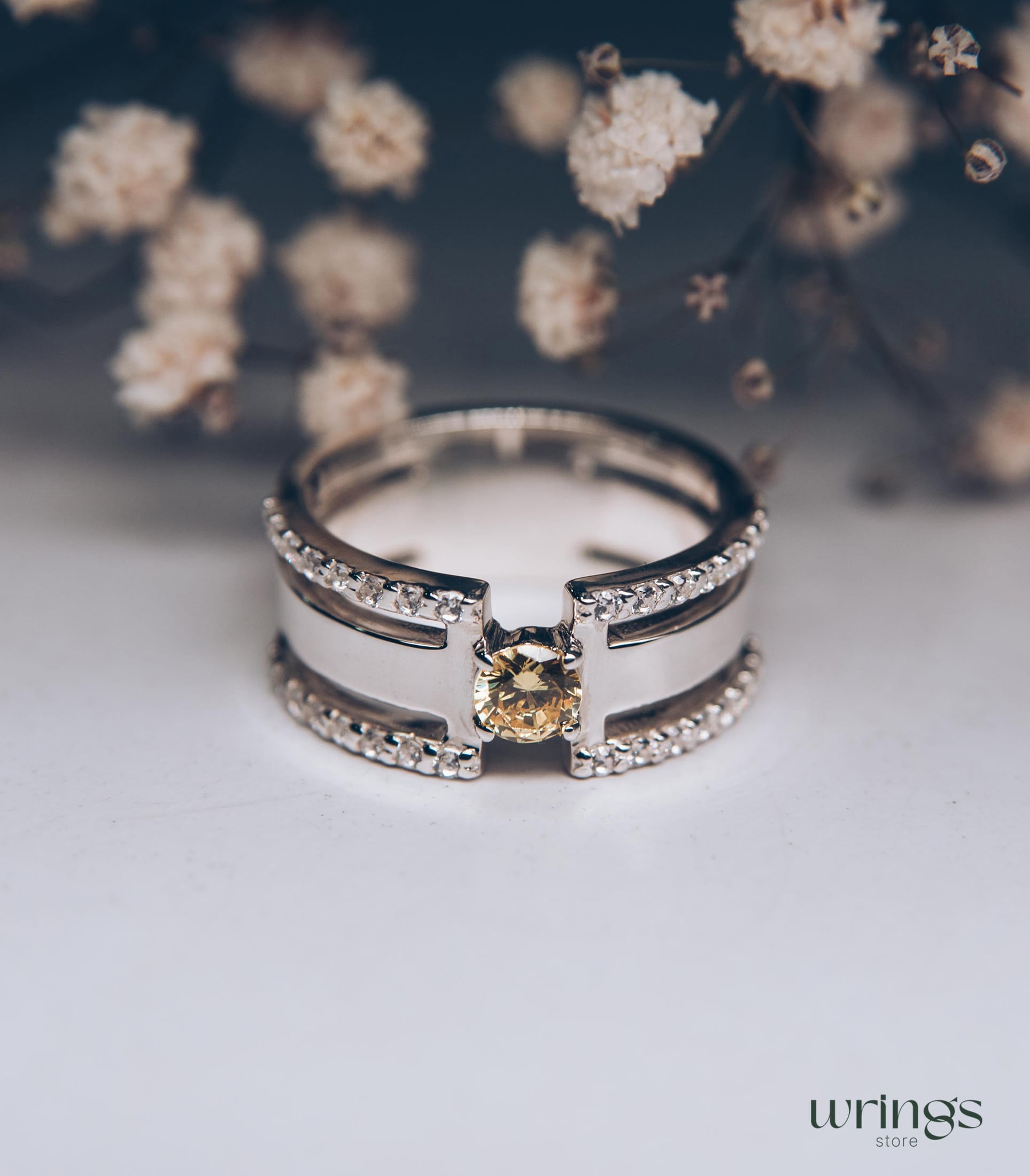 Citrine Engagement Ring Modernist Extra Wide Band Silver