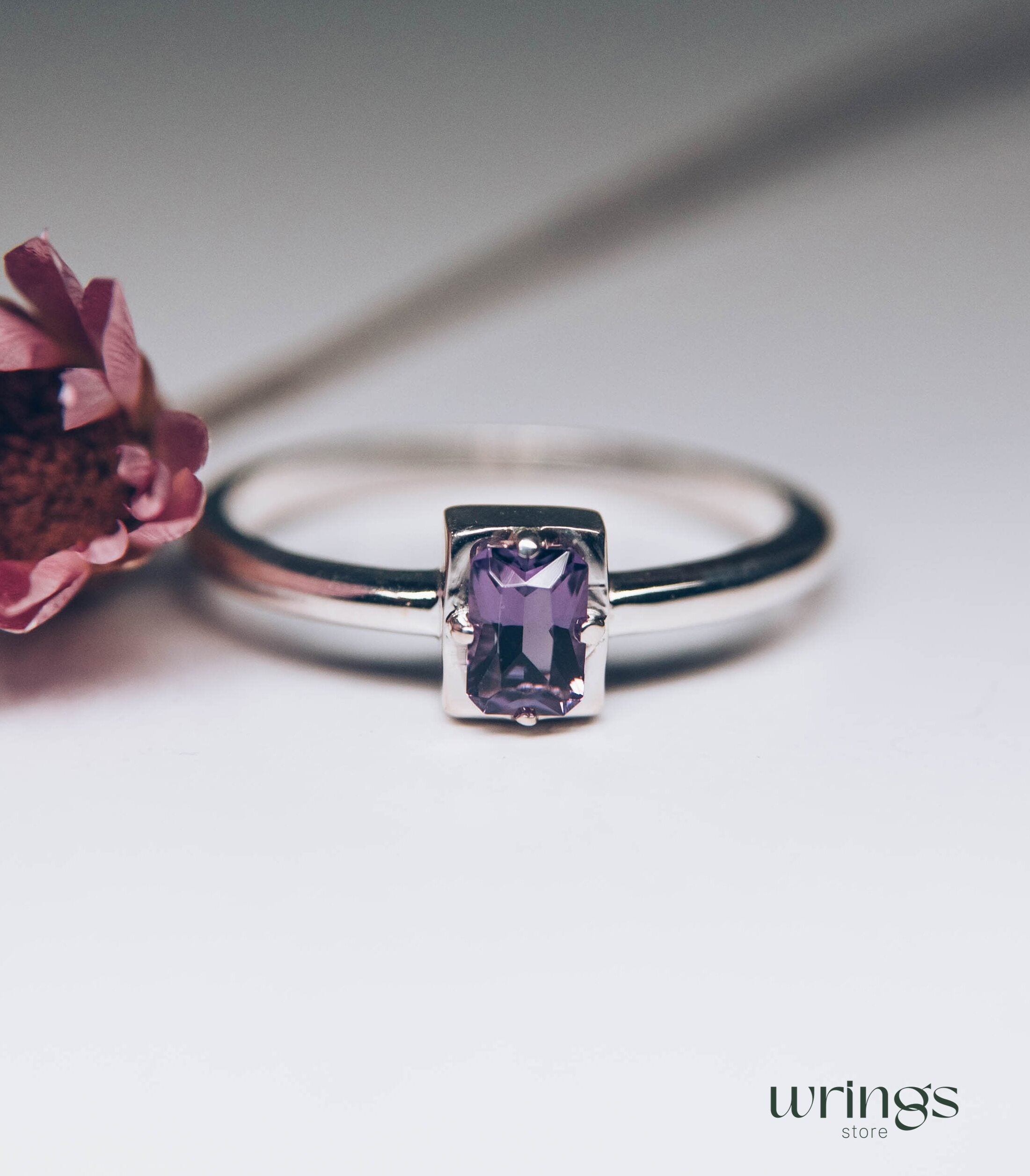 Simple Octagon Solitaire Amethyst Engagement Ring Silver