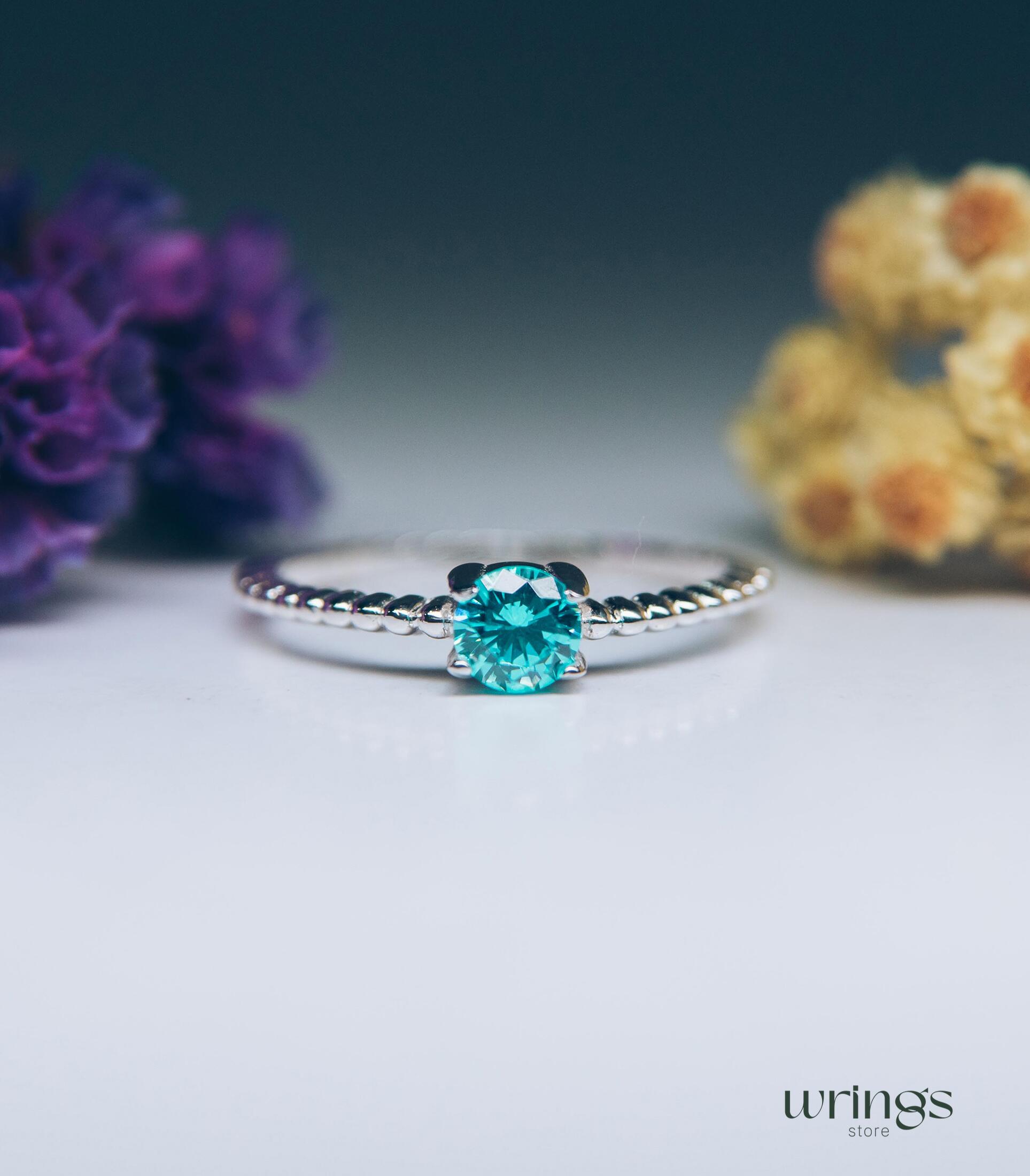 Delicate Thin Beads Silver Engagement Ring BlueTopaz