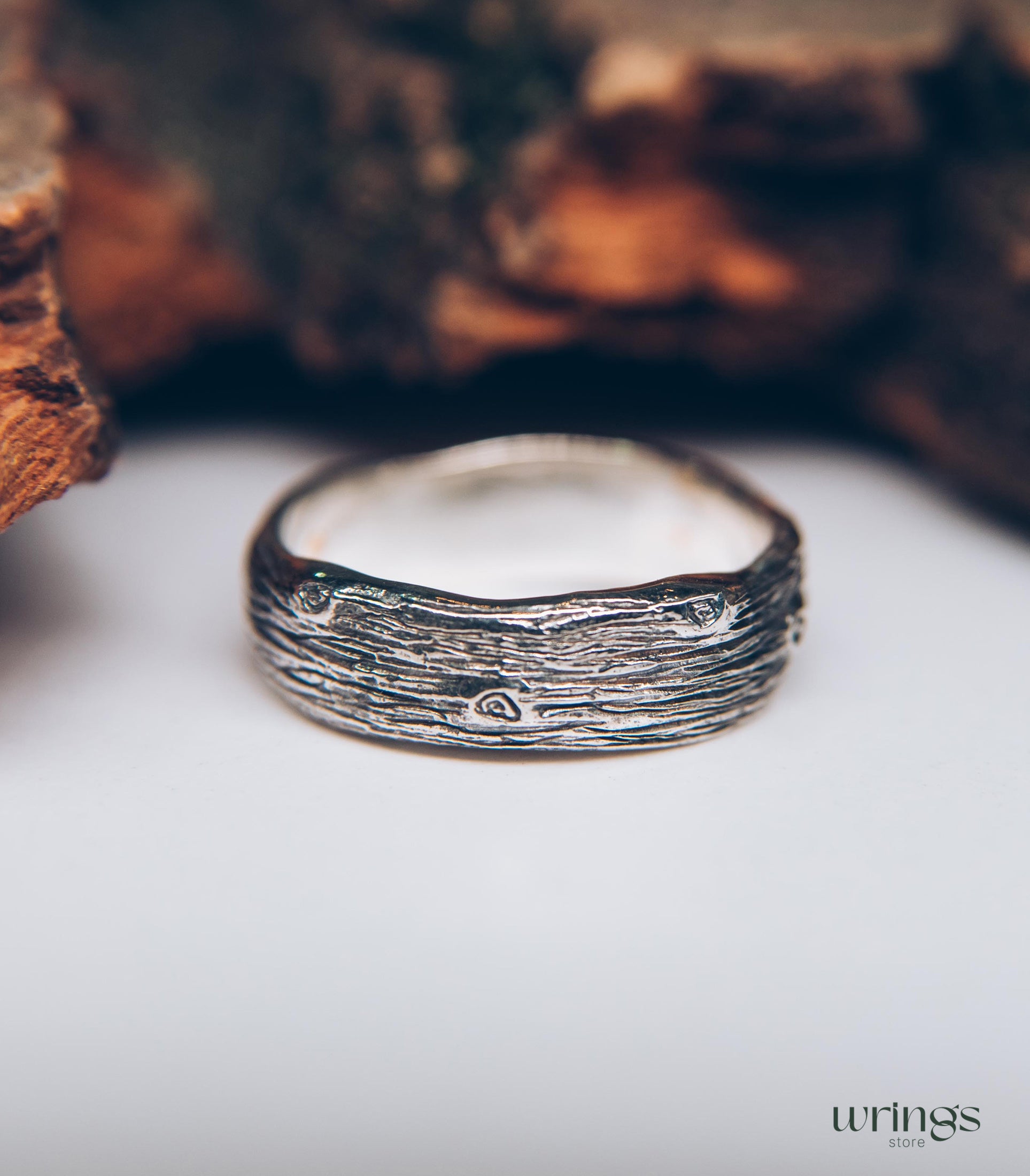 Unusual Tree bark and Stumps Silver Wedding Band Unisex