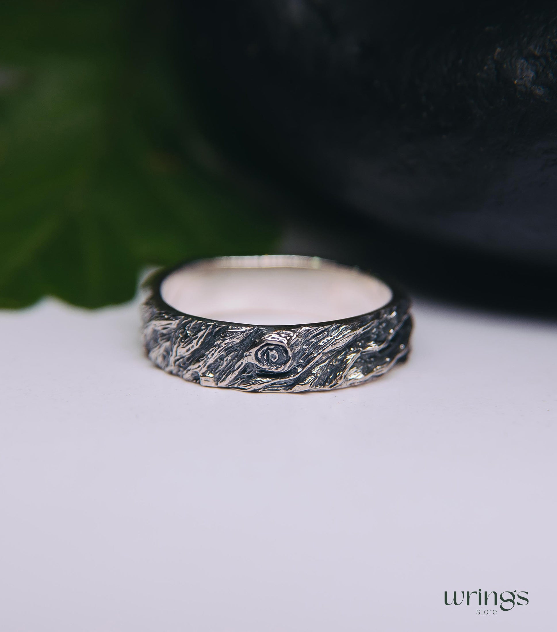 Oxidized Silver Tree bark Men's Large Wedding Band