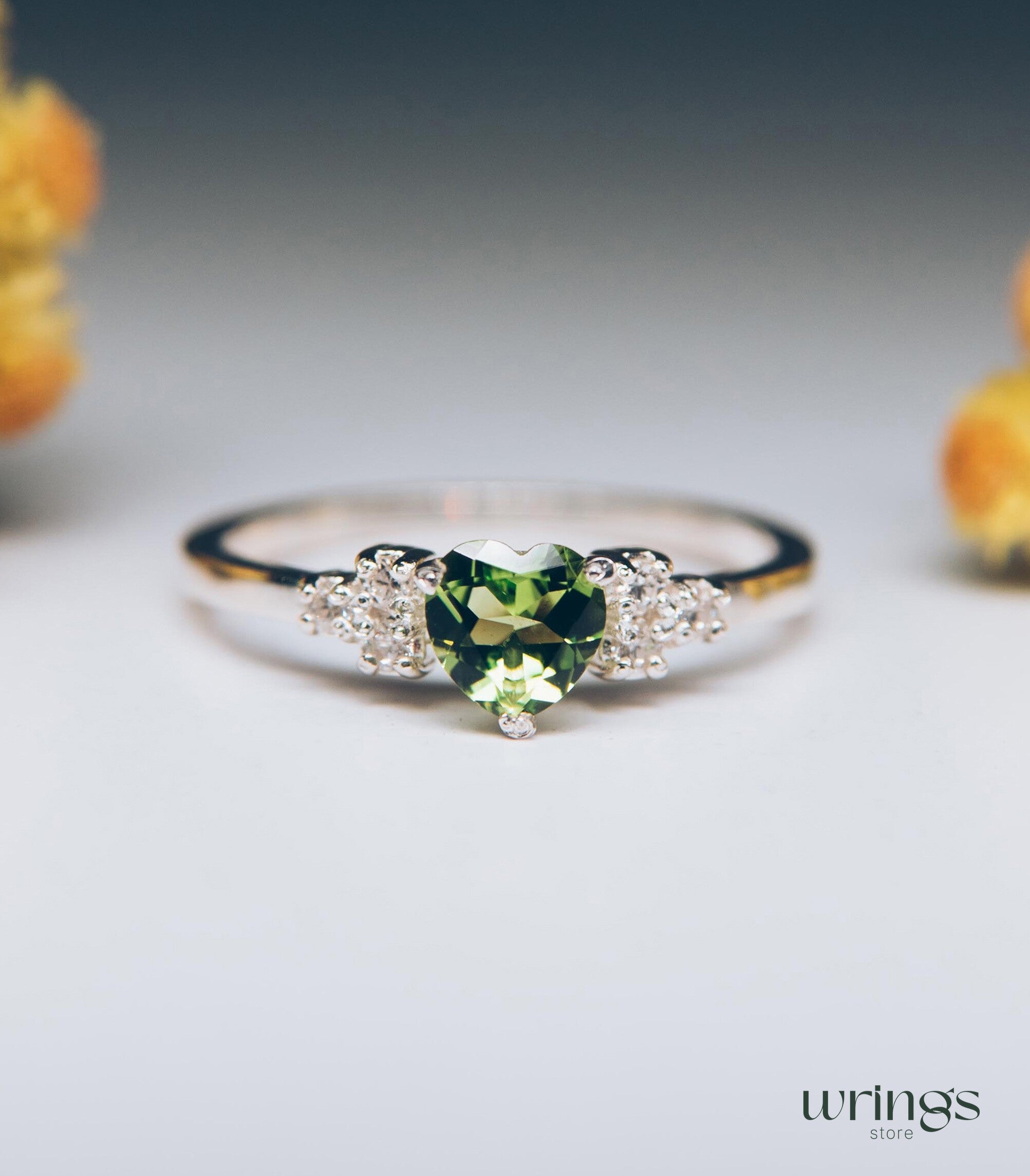 Central Heart cut Peridot Cluster Engagement Ring Silver