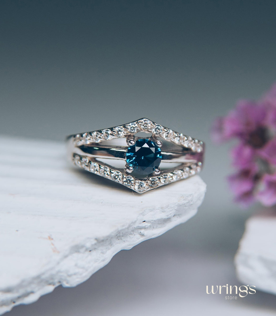 Double Chevron Engagement Ring - Oval Blue Topaz & CZ