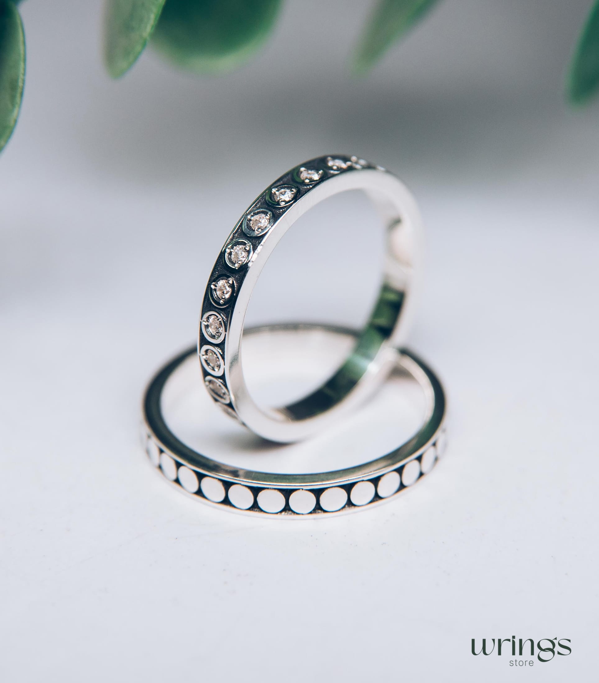 Minimalist Silver Wedding Bands Set Eternity Gemstones