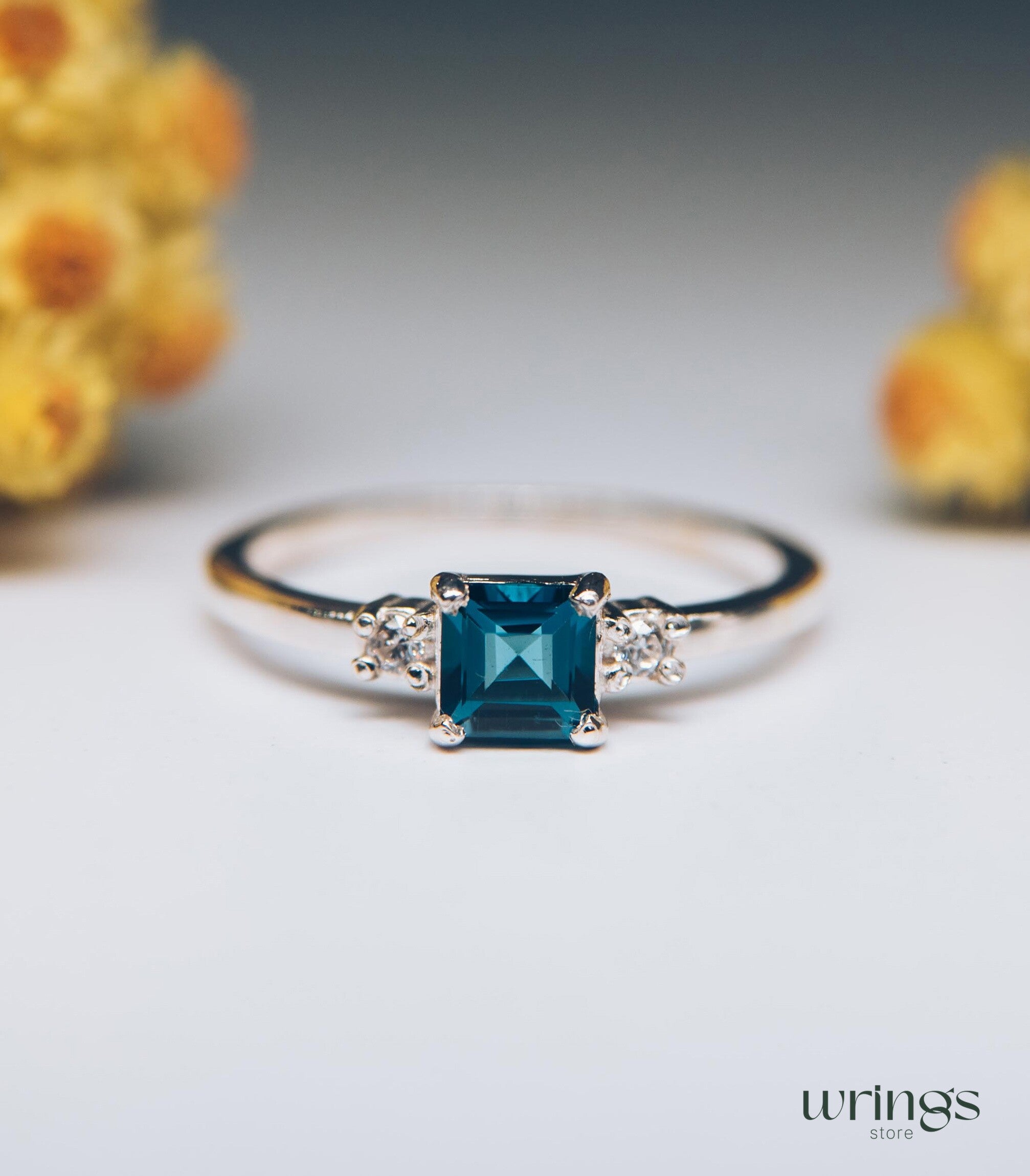 Square London Blue Topaz Three Stone Engagement Ring Silver