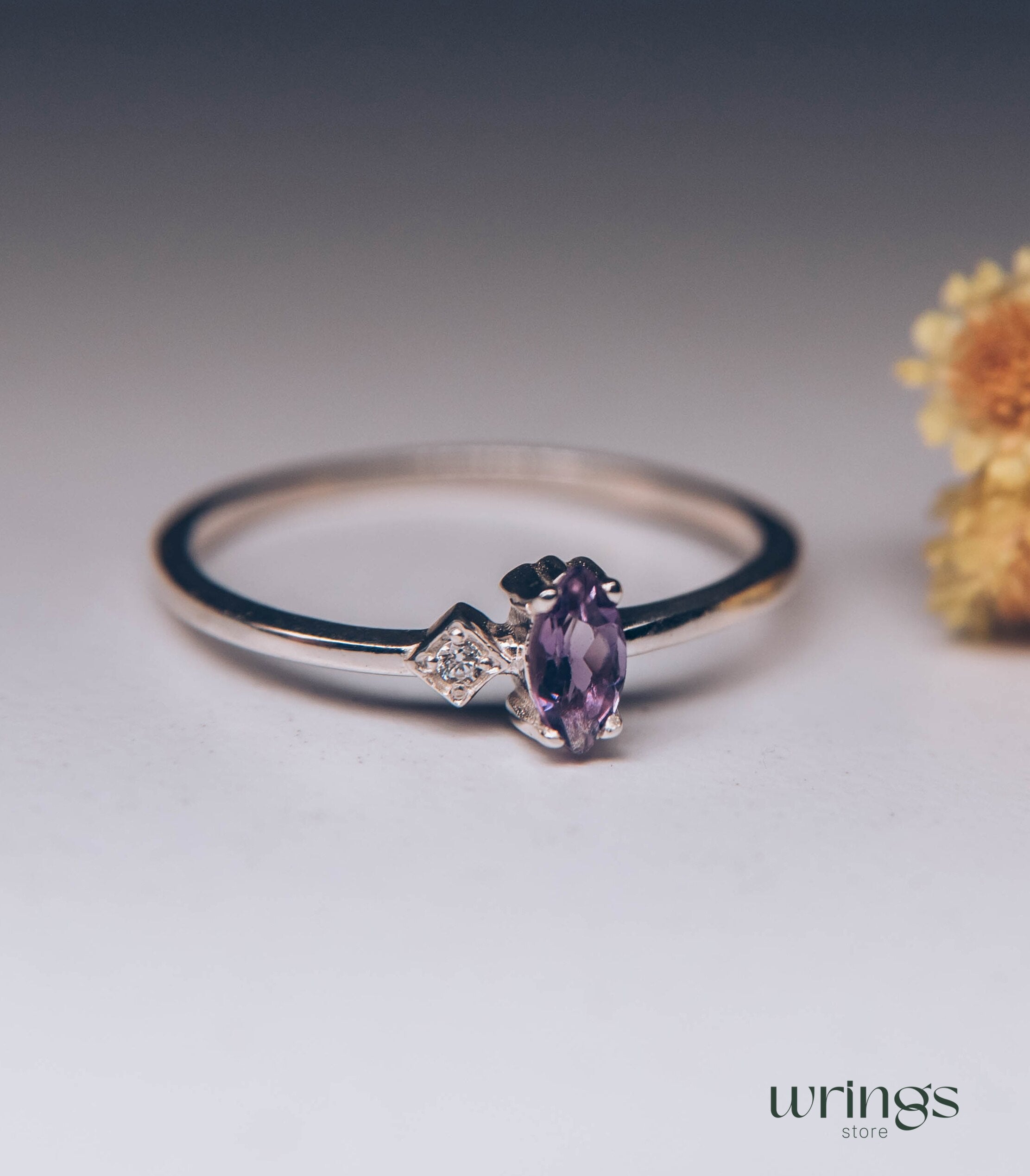 Marquise cut Amethyst Proposal Ring White Side Stone