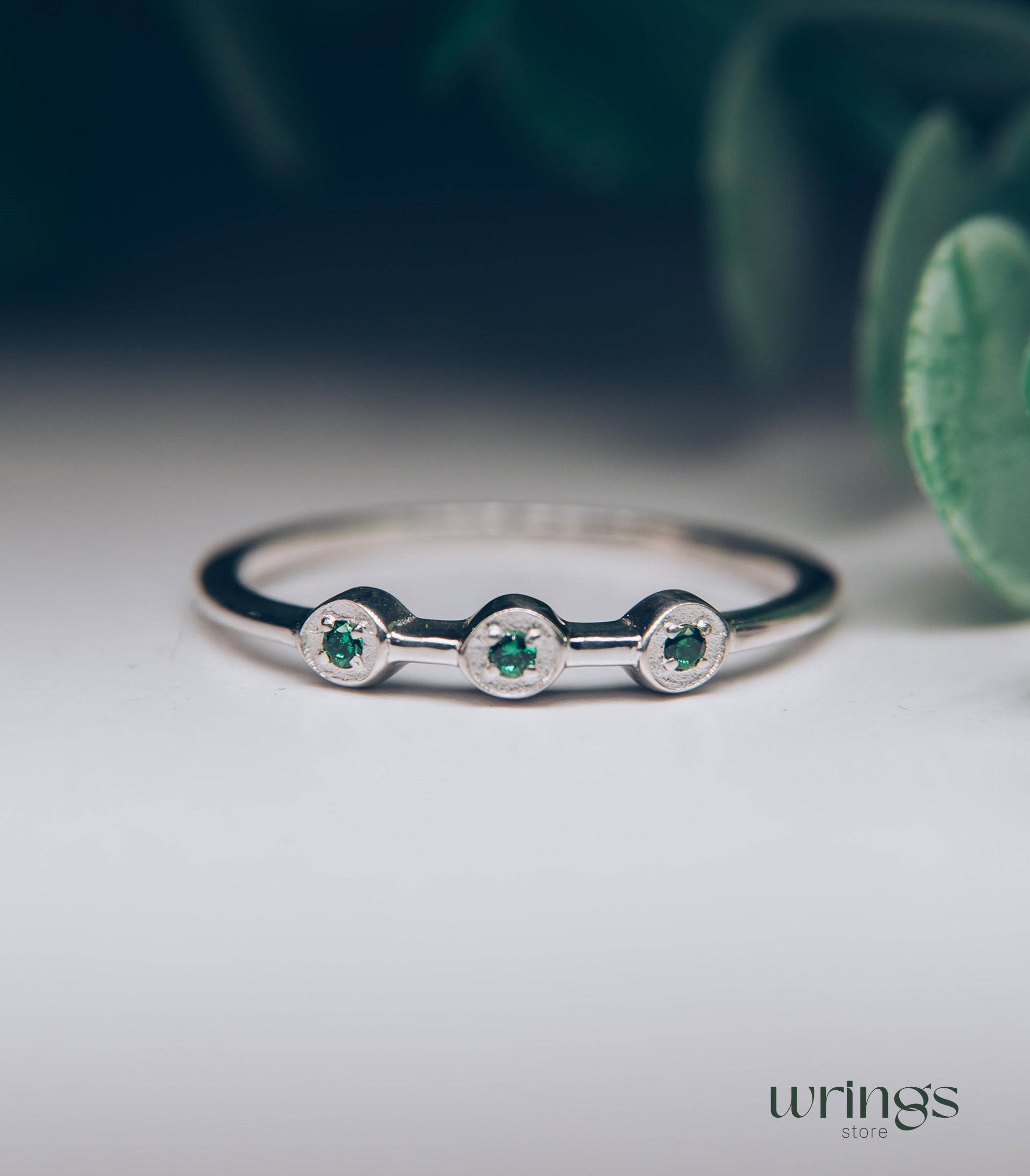 Dainty Emeralds in 3 Small Dots Silver Stackable Ring