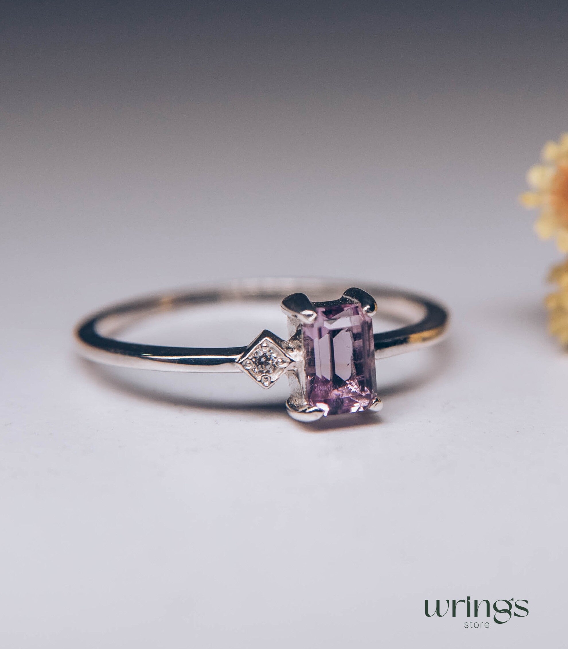 Central Octagon Amethyst Side Stone Engagement Ring Silver