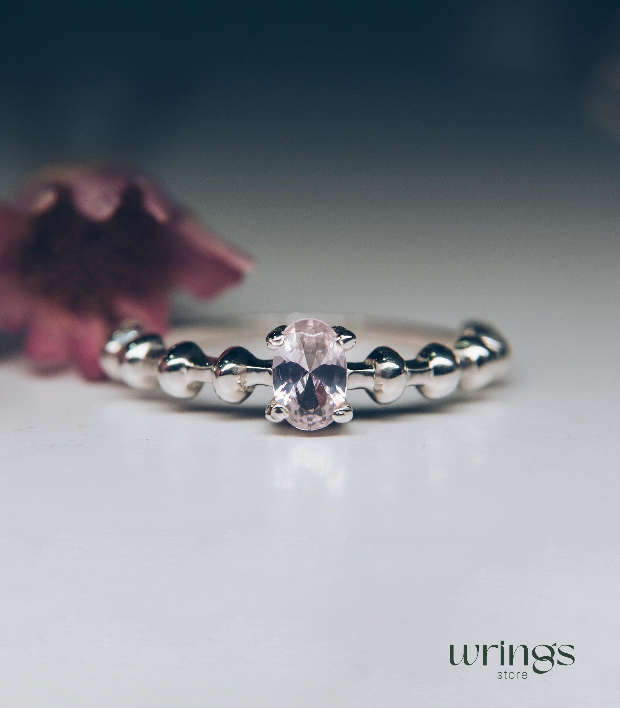 Vertical Oval Rose Quartz Solitaire Ring Silver Beaded Band