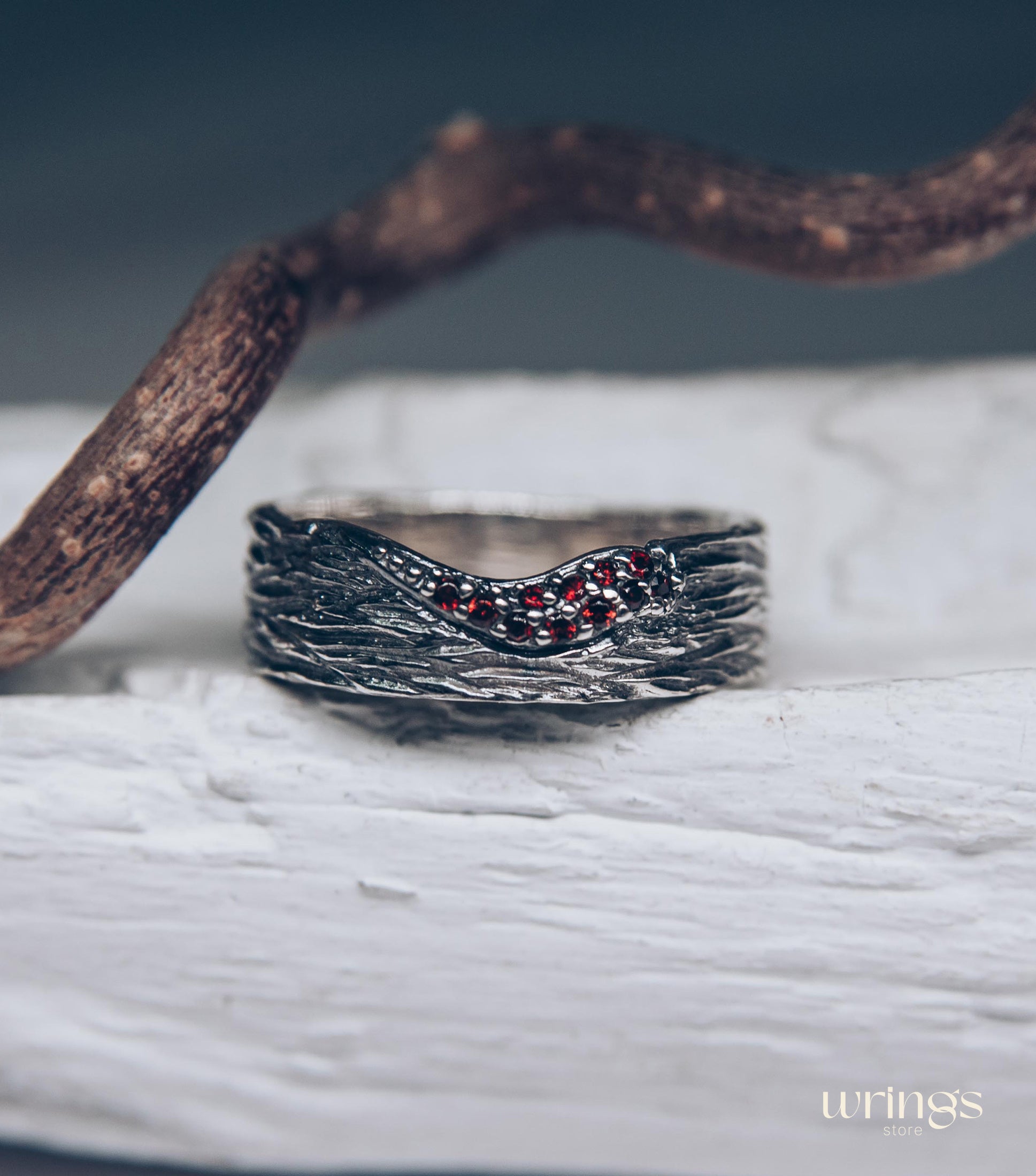 Silver Tree bark Curved Wide Wedding Band with Garnets