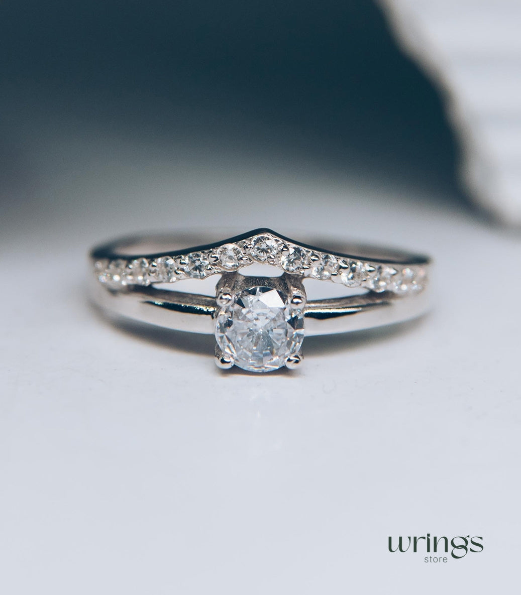 Chevron & CZ Simulated Diamond Silver Engagement Ring