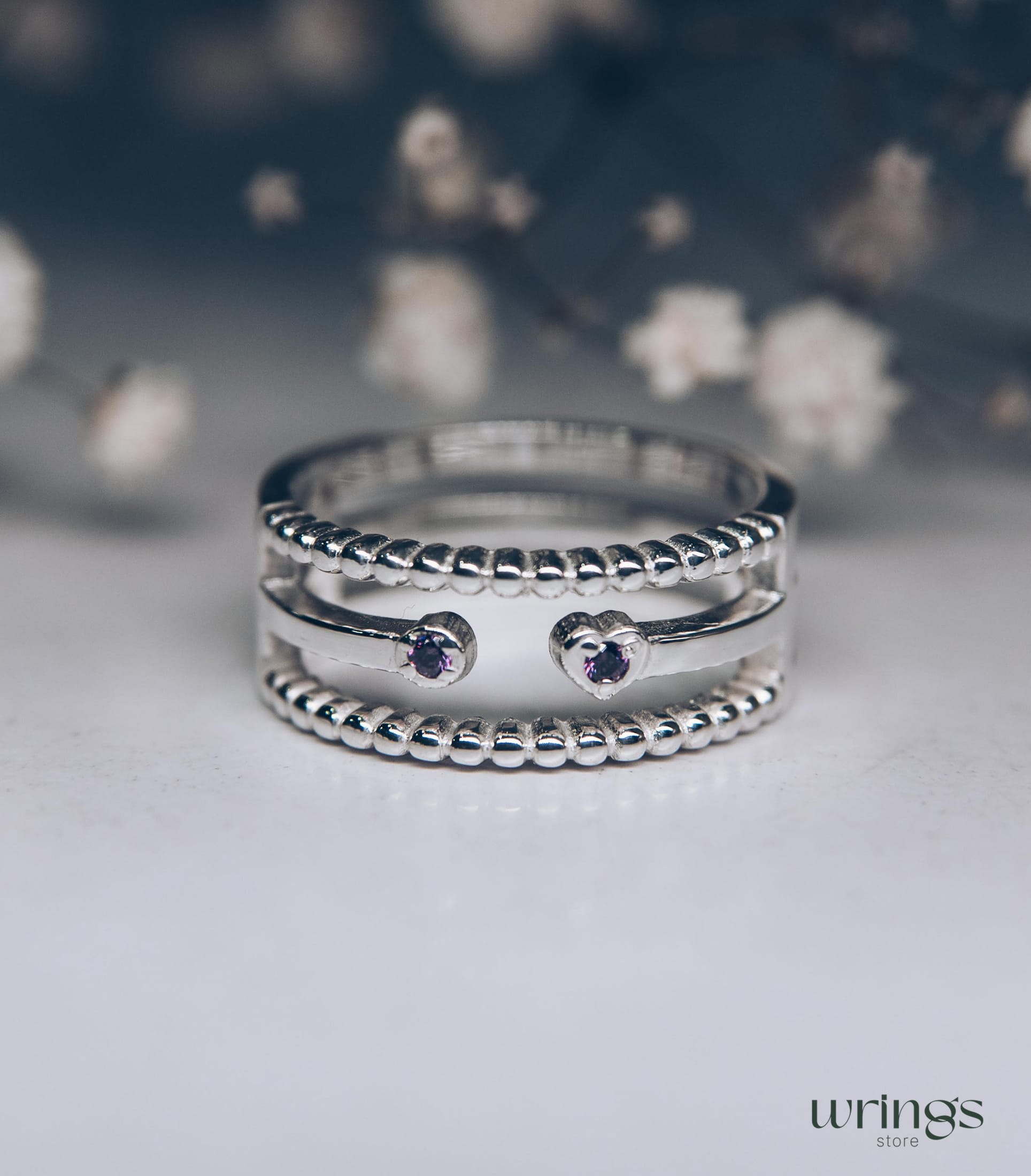 Wide Open Silver Band Beaded Design Heart & Amethyst