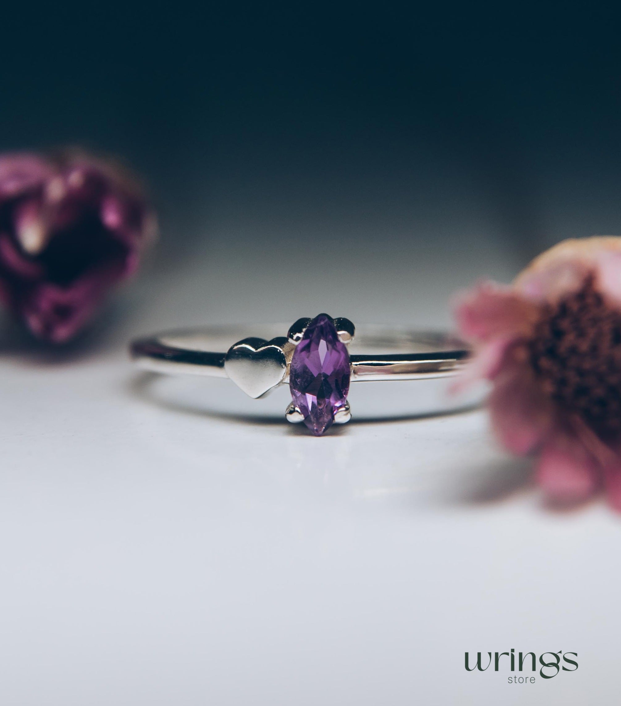 Marquise cut Amethyst Engagement Ring with Side Heart