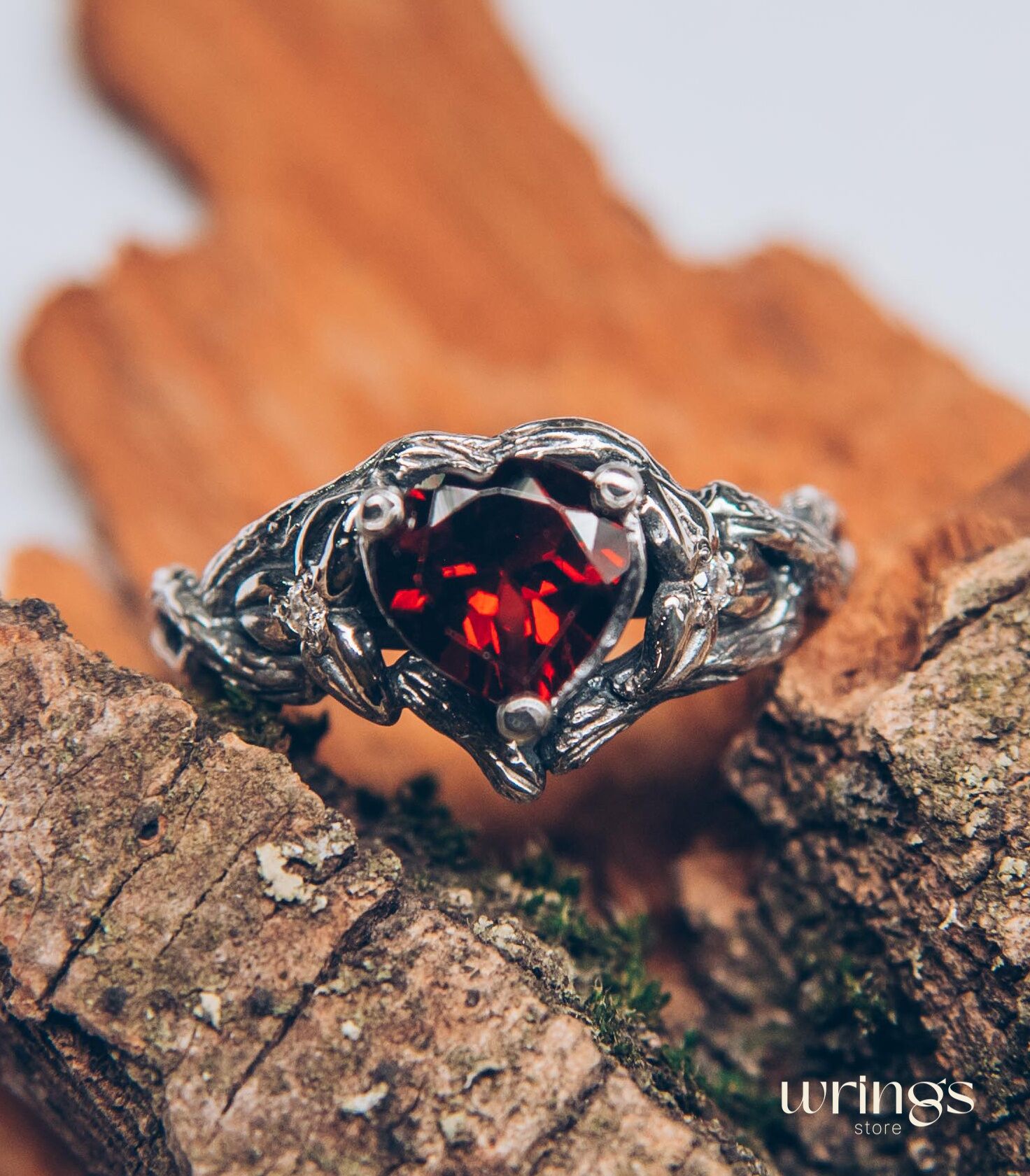 Heart Shaped Garnet Branch Engagement Ring with Leaves