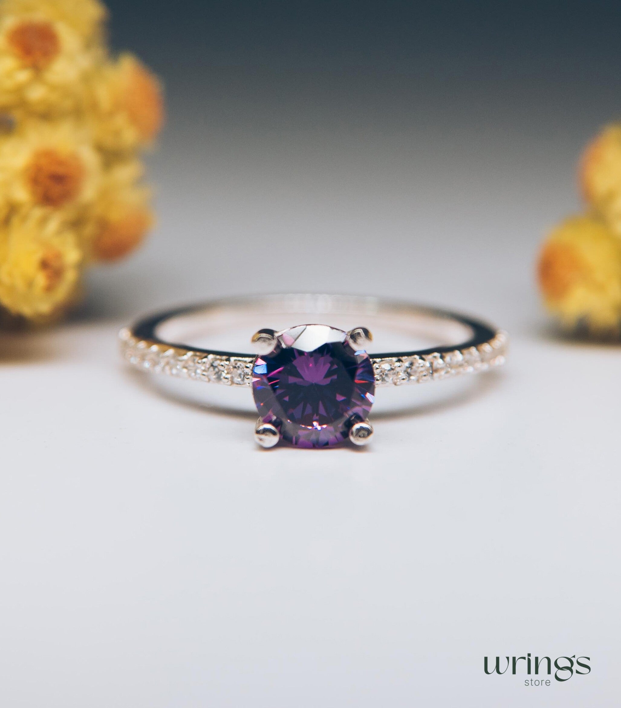 Amethyst Engagement Ring Silver with White Gems on Band