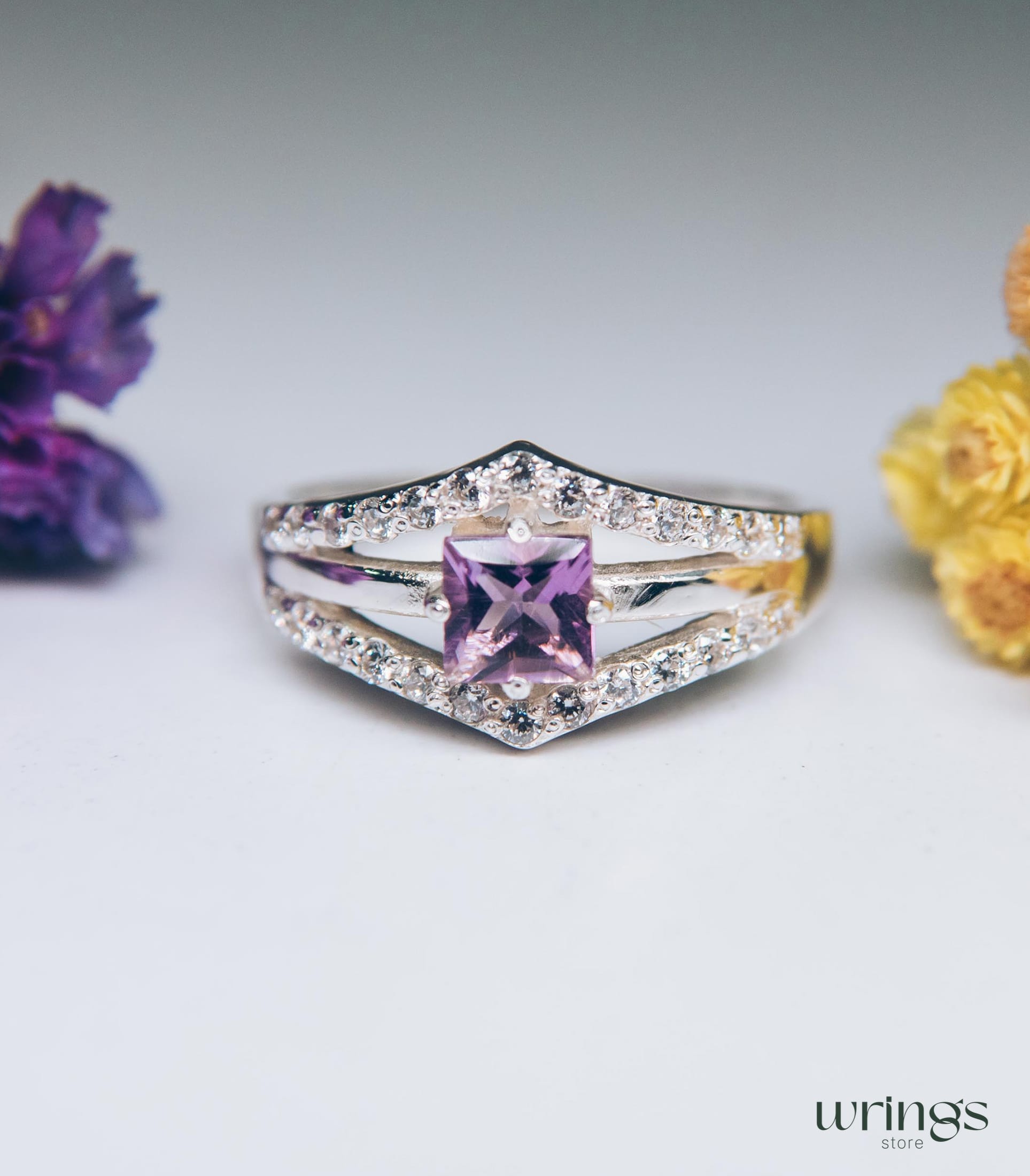 Square Amethyst Statement Ring Silver Double V shaped