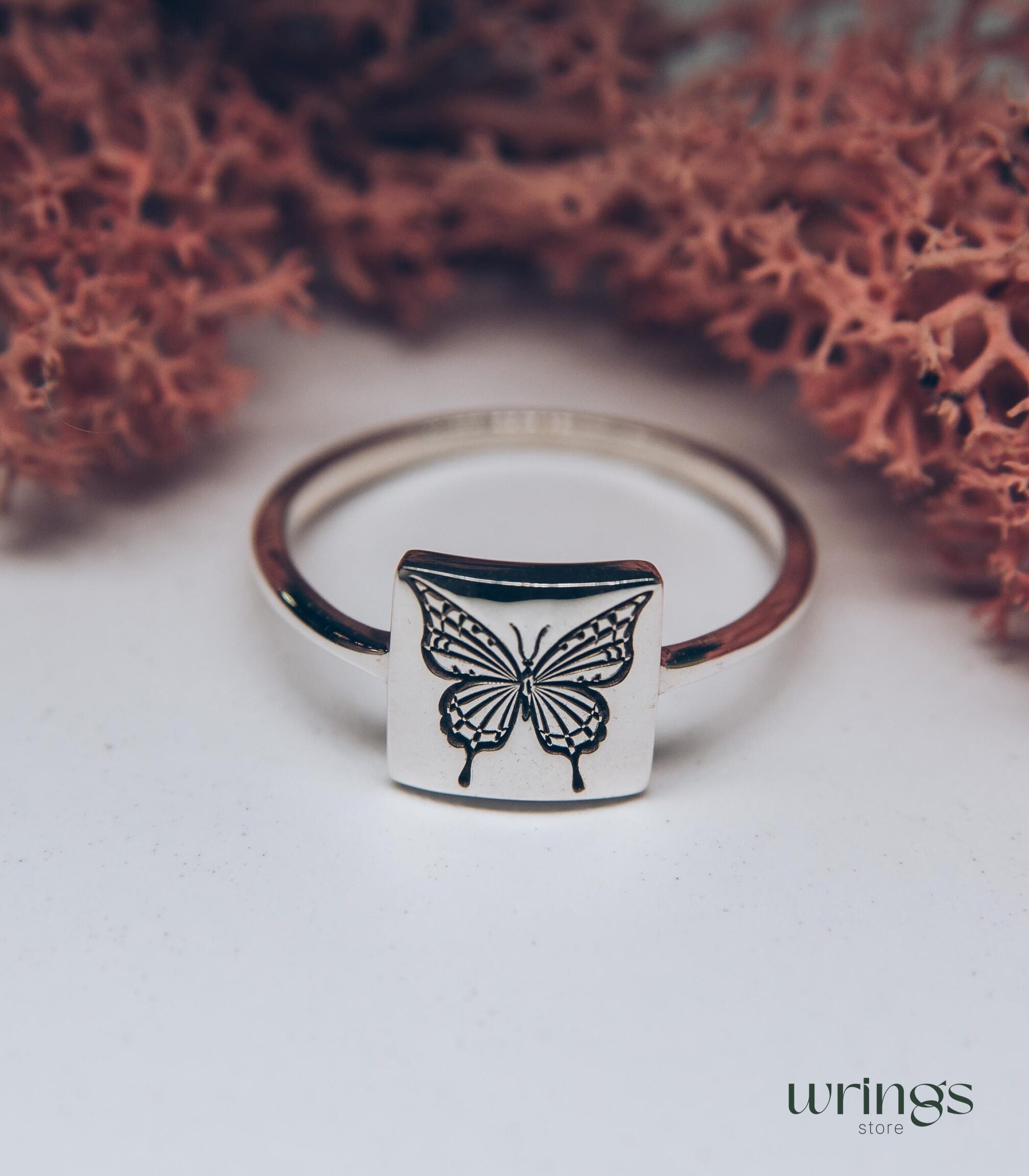 Engraved Monarch Butterfly Silver Square Signet Ring