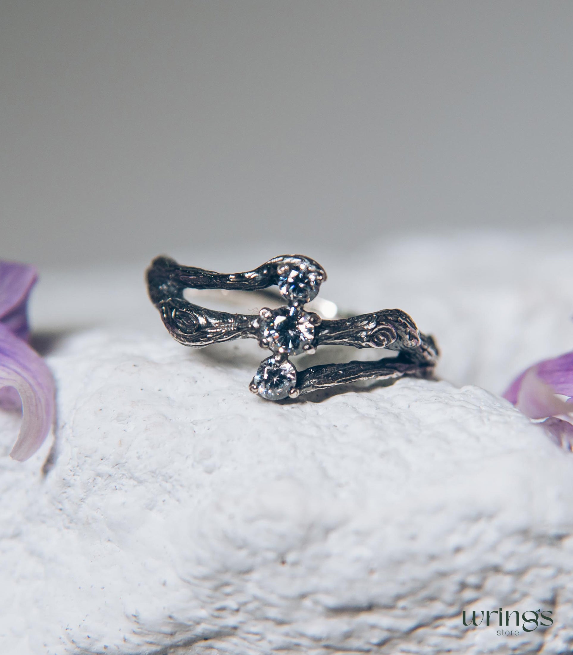 Three Stones on a Three Silver Twigs Cute Engagement Ring