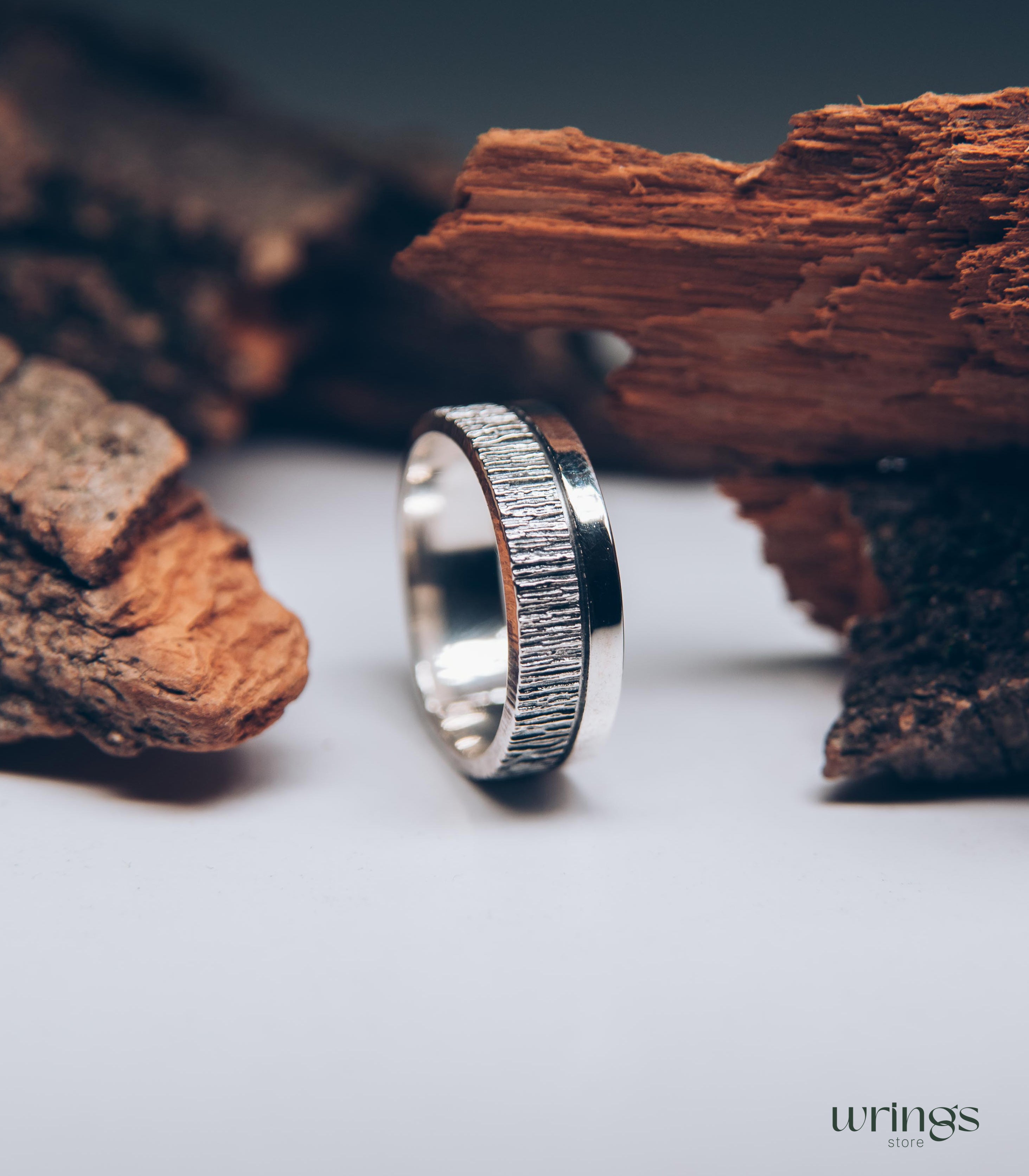 Double Textured Silver Tree Bark Wedding Band Rustic Style