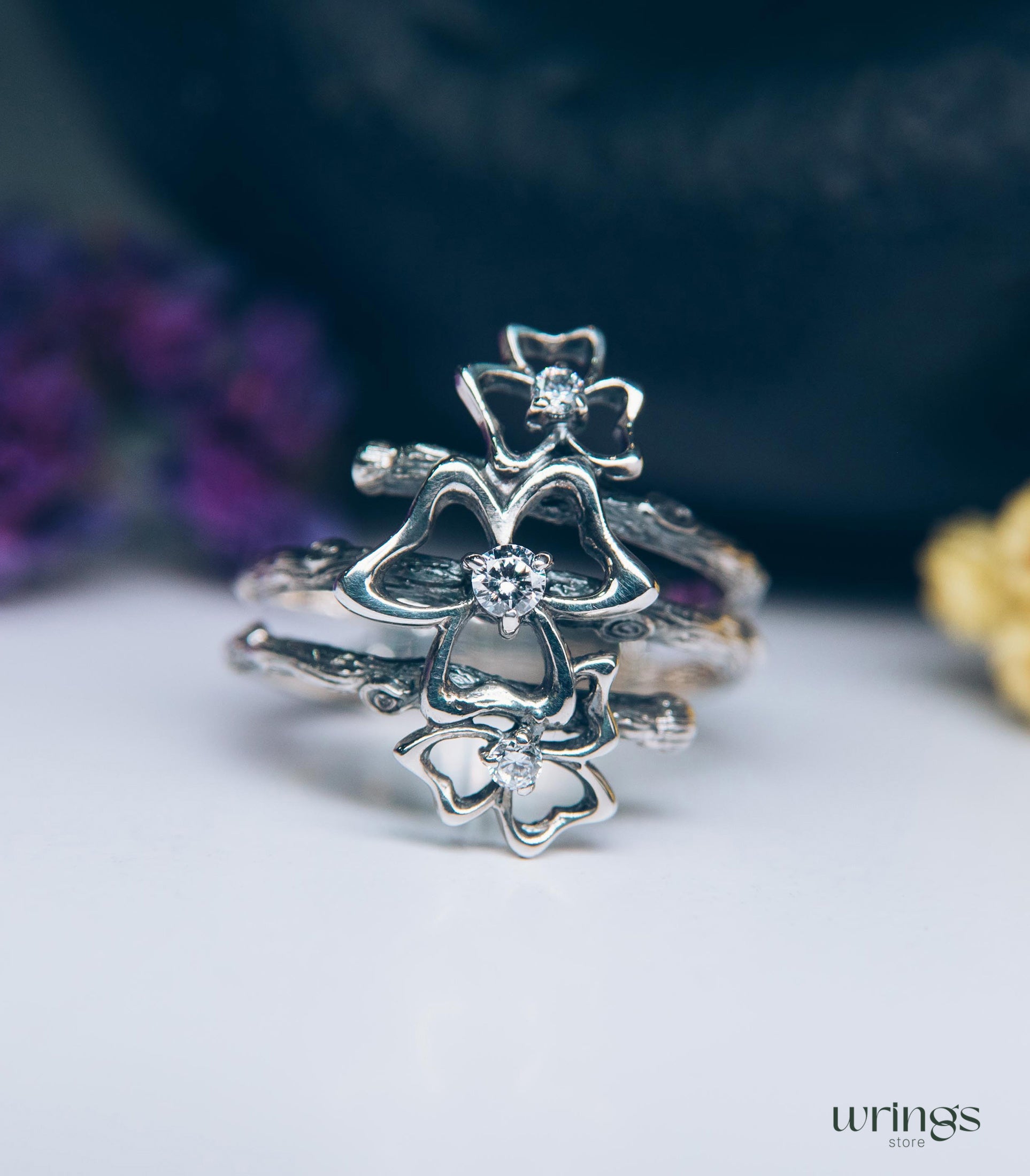 Triple Cubic Zirconia Trefoils on the Silver Branches Ring