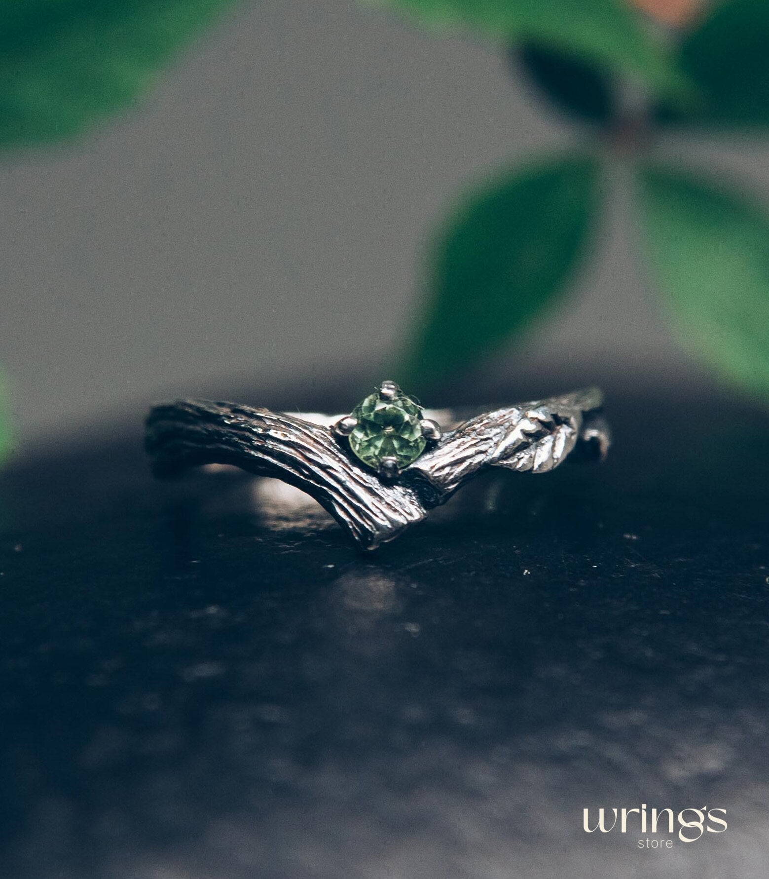 Twig Engagement Ring with Leaves — Peridot Tiny Ring