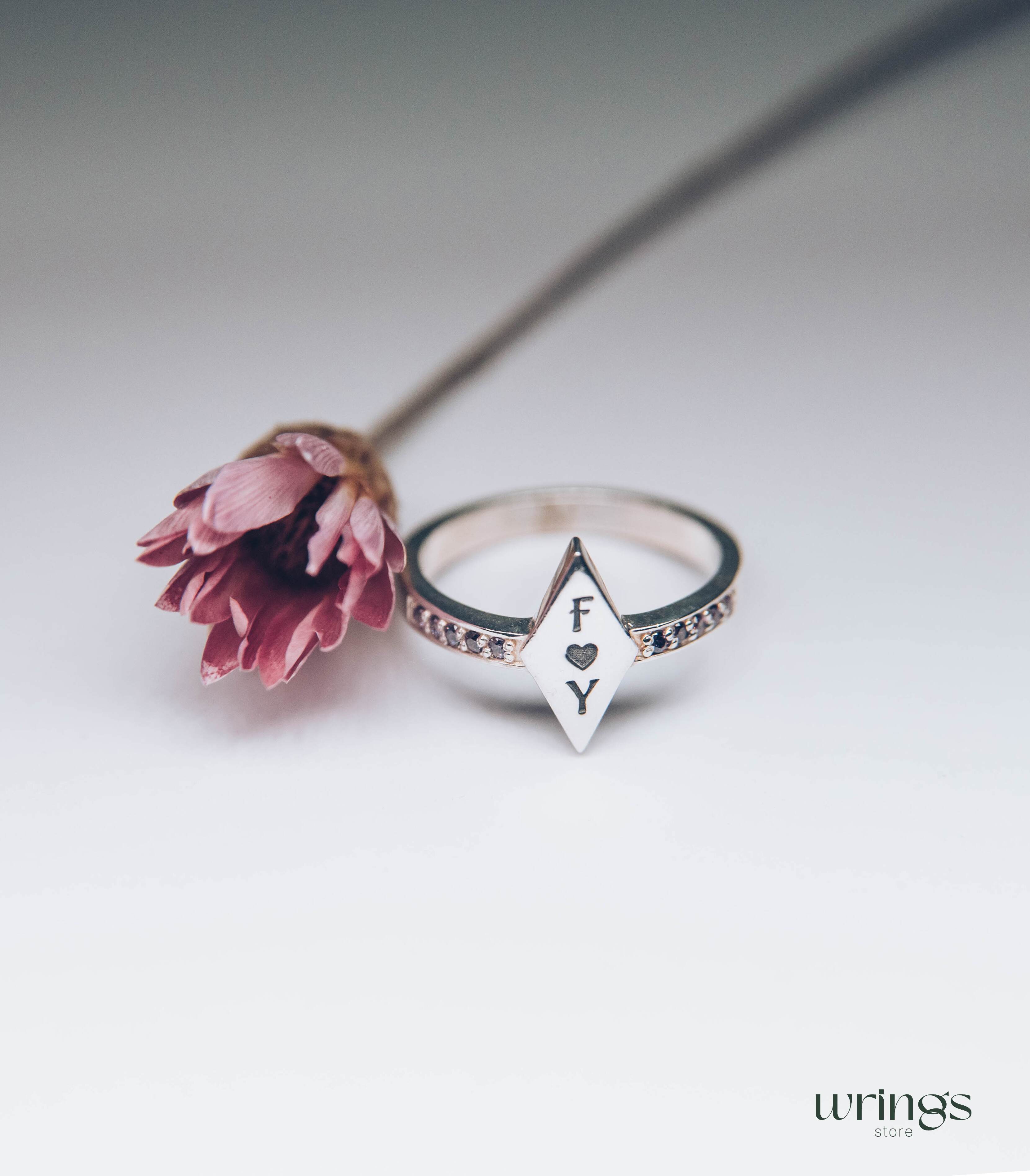 Personalized Promise Ring - Rhombus Head, Amethysts & Letters