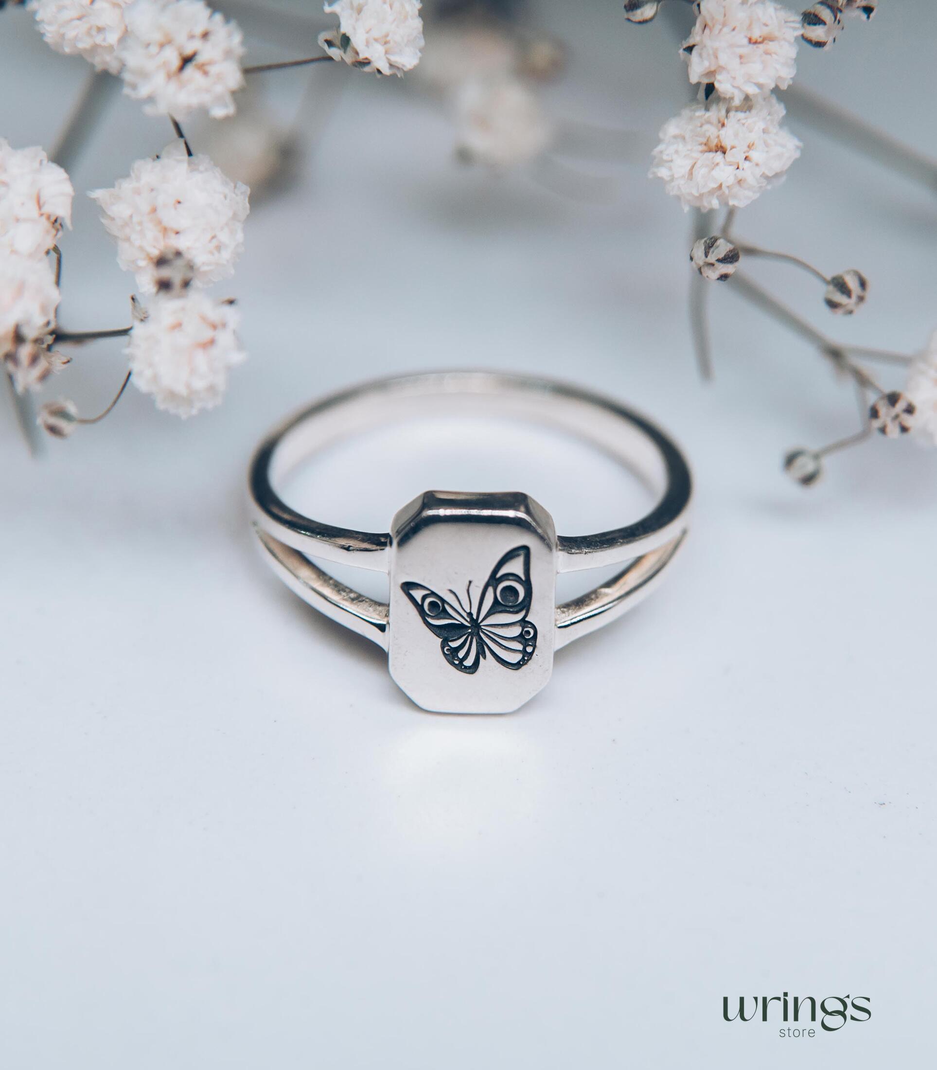 Minimalist Butterfly Signet Ring Sterling Silver