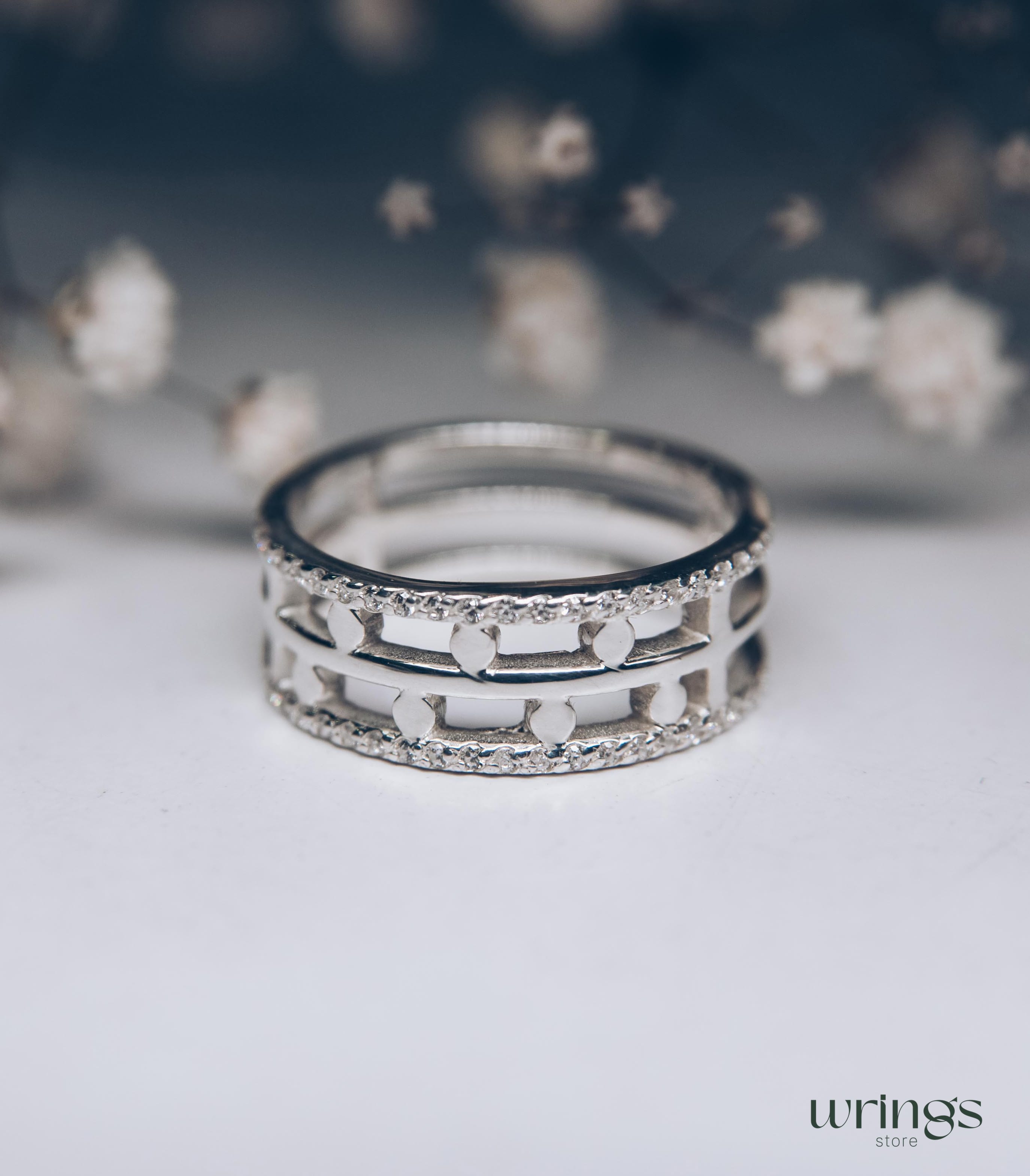 Diamonds and Dots Modern Wedding Band Sterling Silver