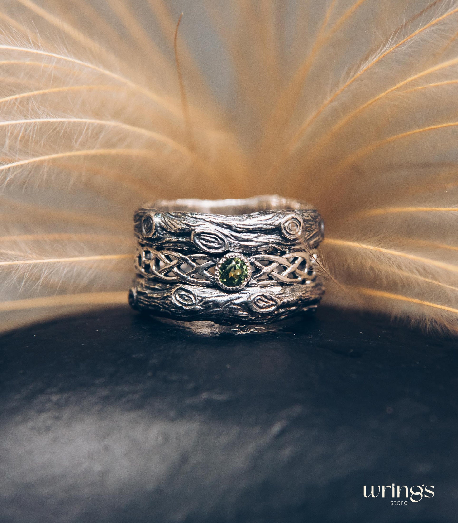Silver bark with Celtic Weaves & Peridot Wedding Ring