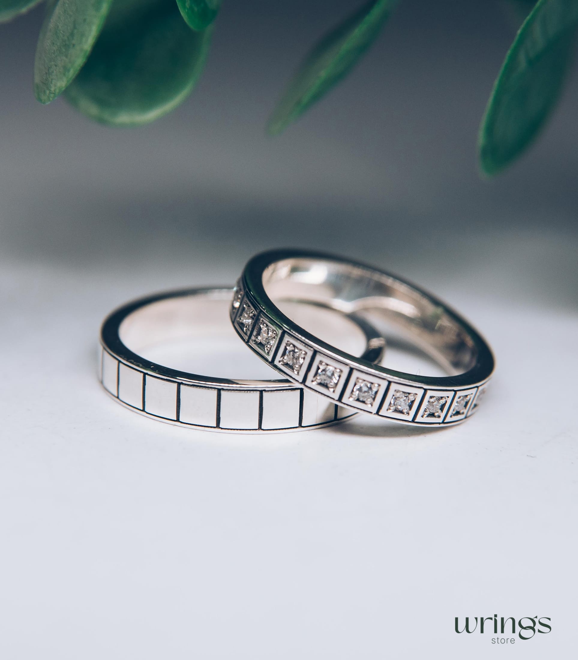 Silver Geometric Wedding Bands Set Eternity Gemstones