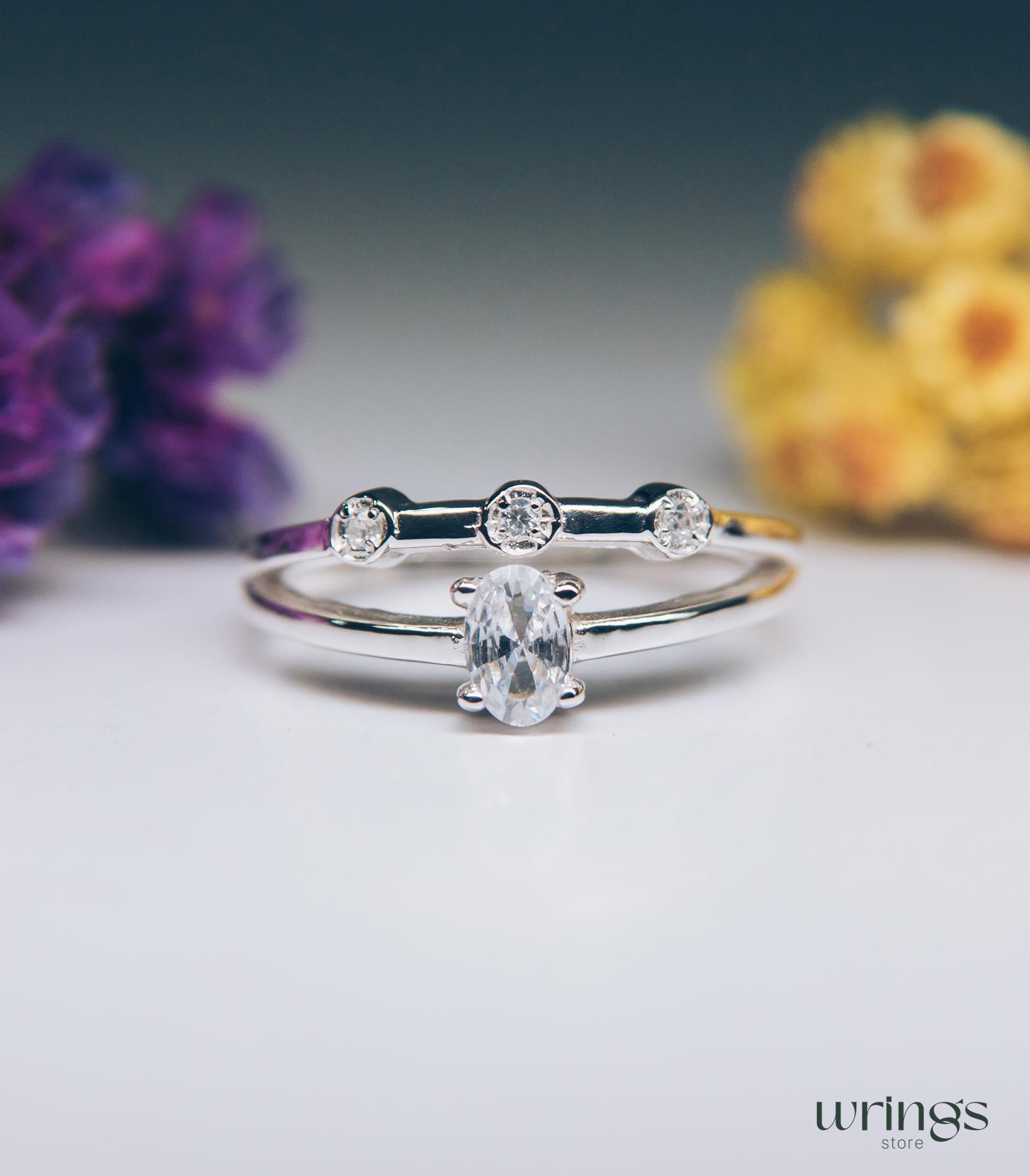 Oval Diamond CZ Double Engagement Ring Band Side Stones