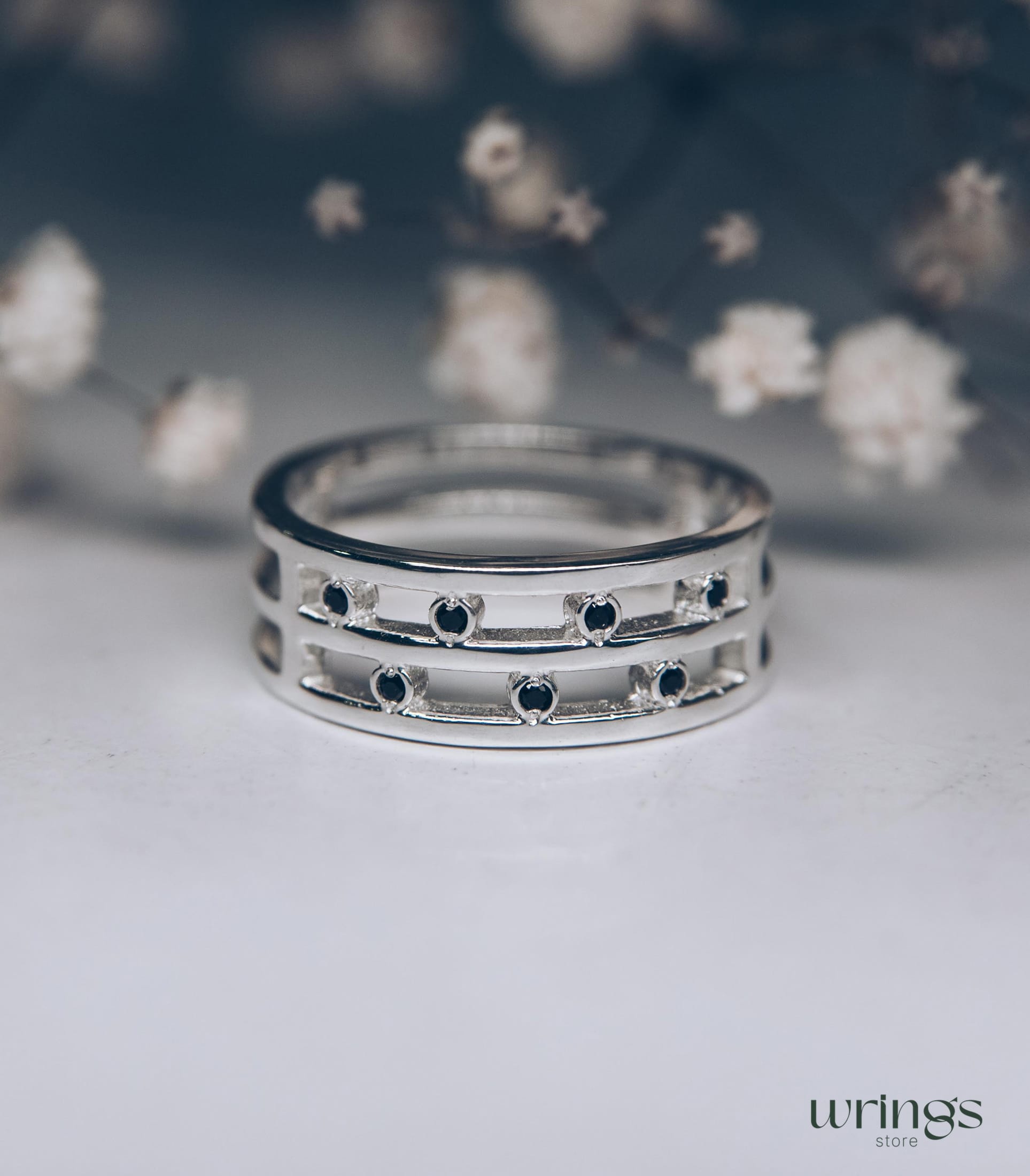 Stylish Black Diamond Band for Women Open Design Silver