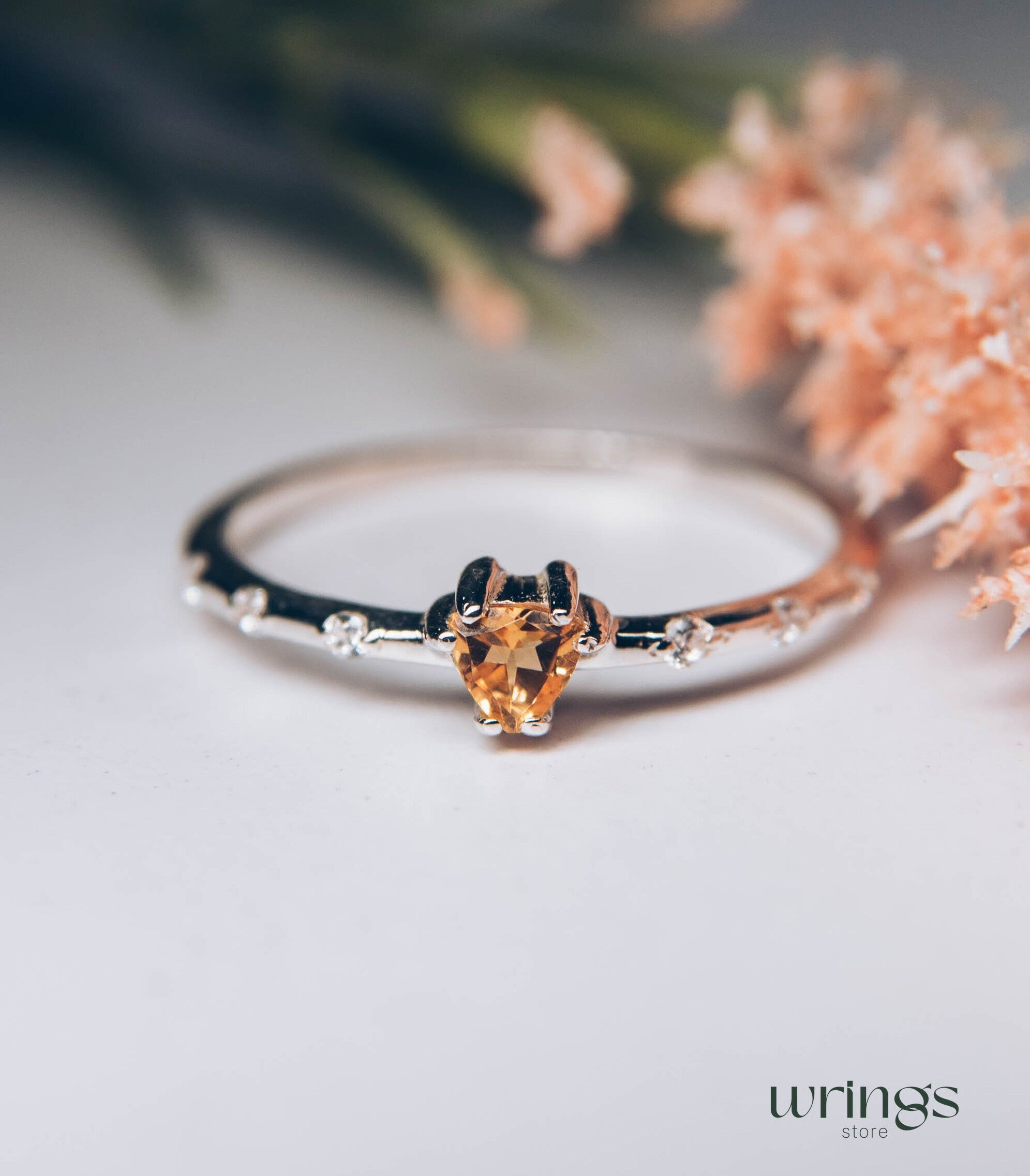 Central Trillion Citrine Side Stone Engagement Ring Silver