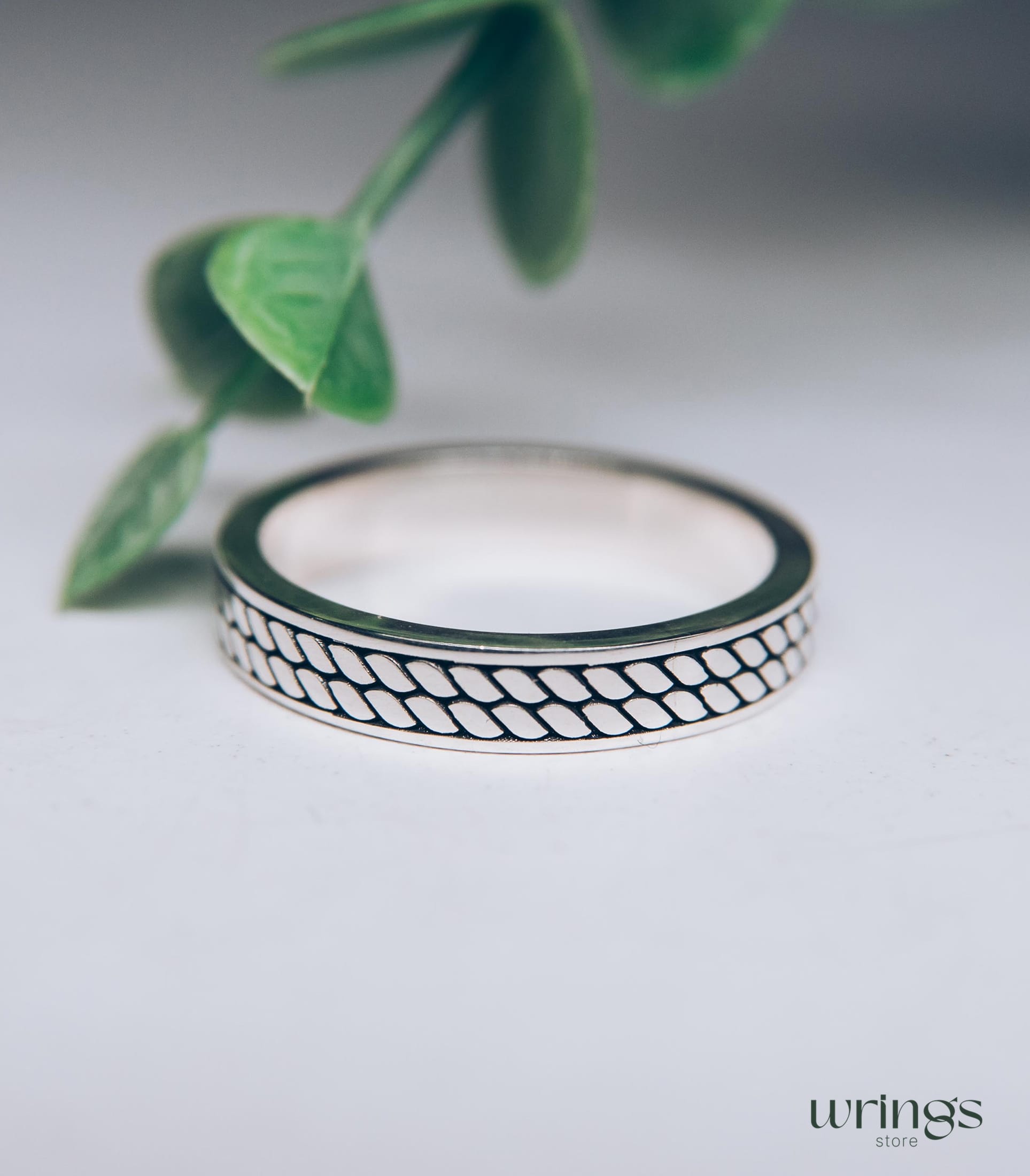 Mens Silver Ring Minimalist Engraved Cobblestone Design
