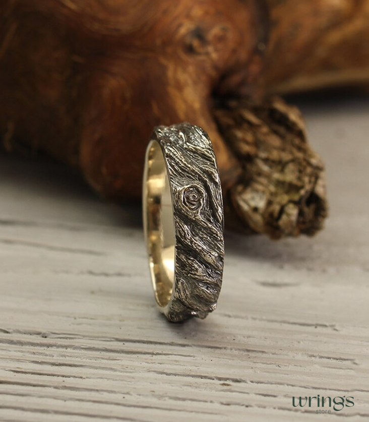 Mens Tree Bark Wedding band 14k Solid White Gold